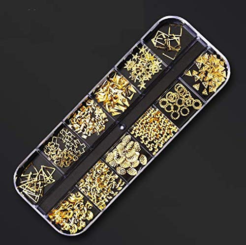 Premium Crystal Nail Art Rhinestones - Flatback Acrylic Nail Decorations for 3D Nails (12 Gold Metal Stud Patterns) - Perfect for DIY Manicures, Salon Nail Designs & Party Glam Looks