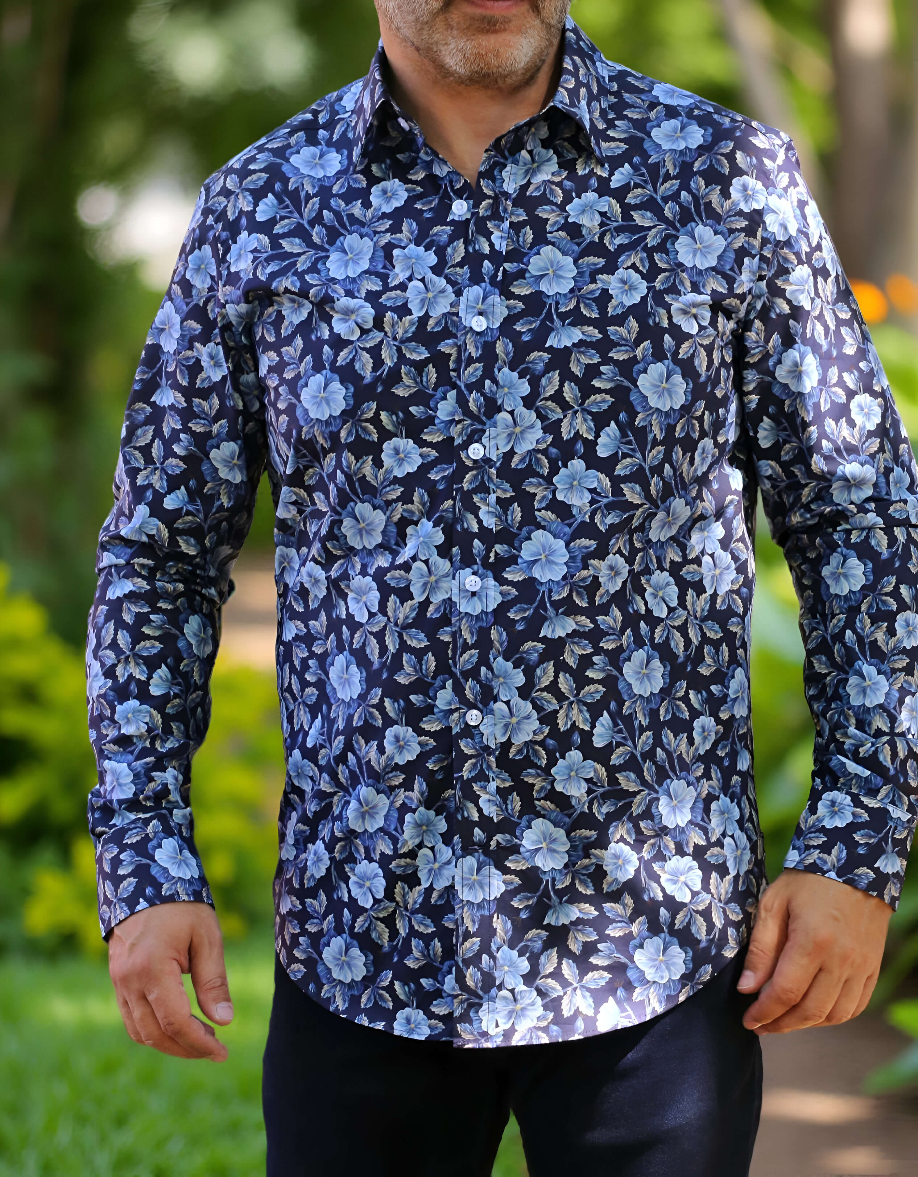 DÉCLIC Liberty Embroidered Botanical Print Shirt for Women - Navy Blue Floral Blouse - Perfect for Casual Outings, Office Wear & Spring Fashion