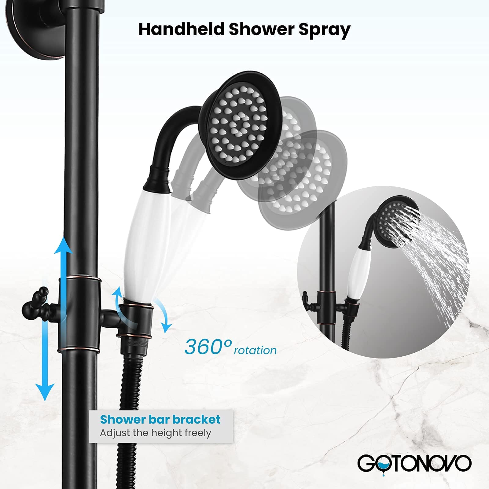 Gotonovo 8 Inch Rainfall Shower System - Oil Rubbed Bronze Exposed Bathroom Faucet with Tub Spout, Handheld Spray & Double Cross Handles - Perfect for Outdoor Showers, Modern Bathrooms & Spa-Like Experiences