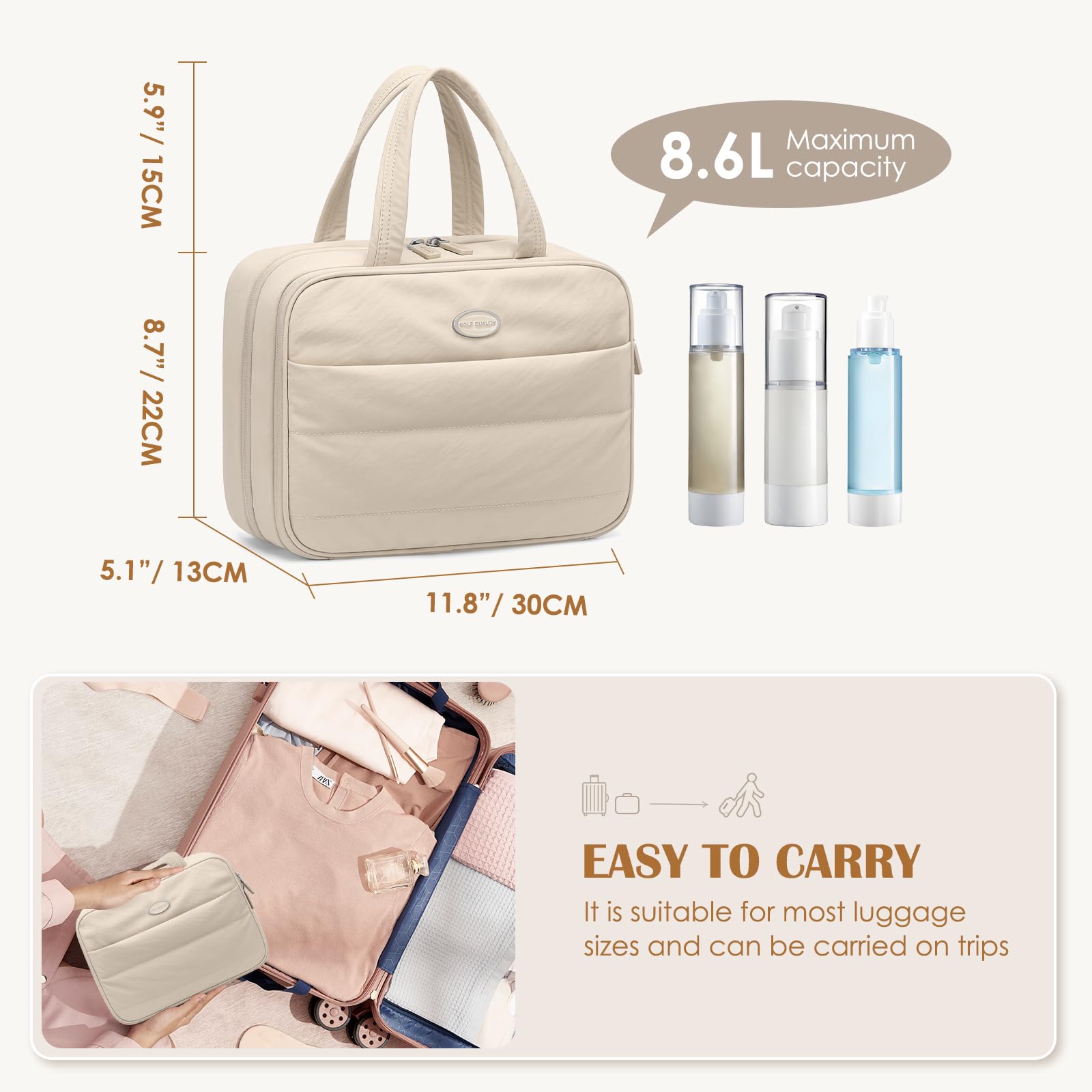 Hanging Travel Toiletry Bag with Jewelry Organizer - Puffy Cosmetic Makeup Bag for Carry-on Essentials & Toiletries (Apricot) - Perfect for Airplane Trips, Camping & Business Travel