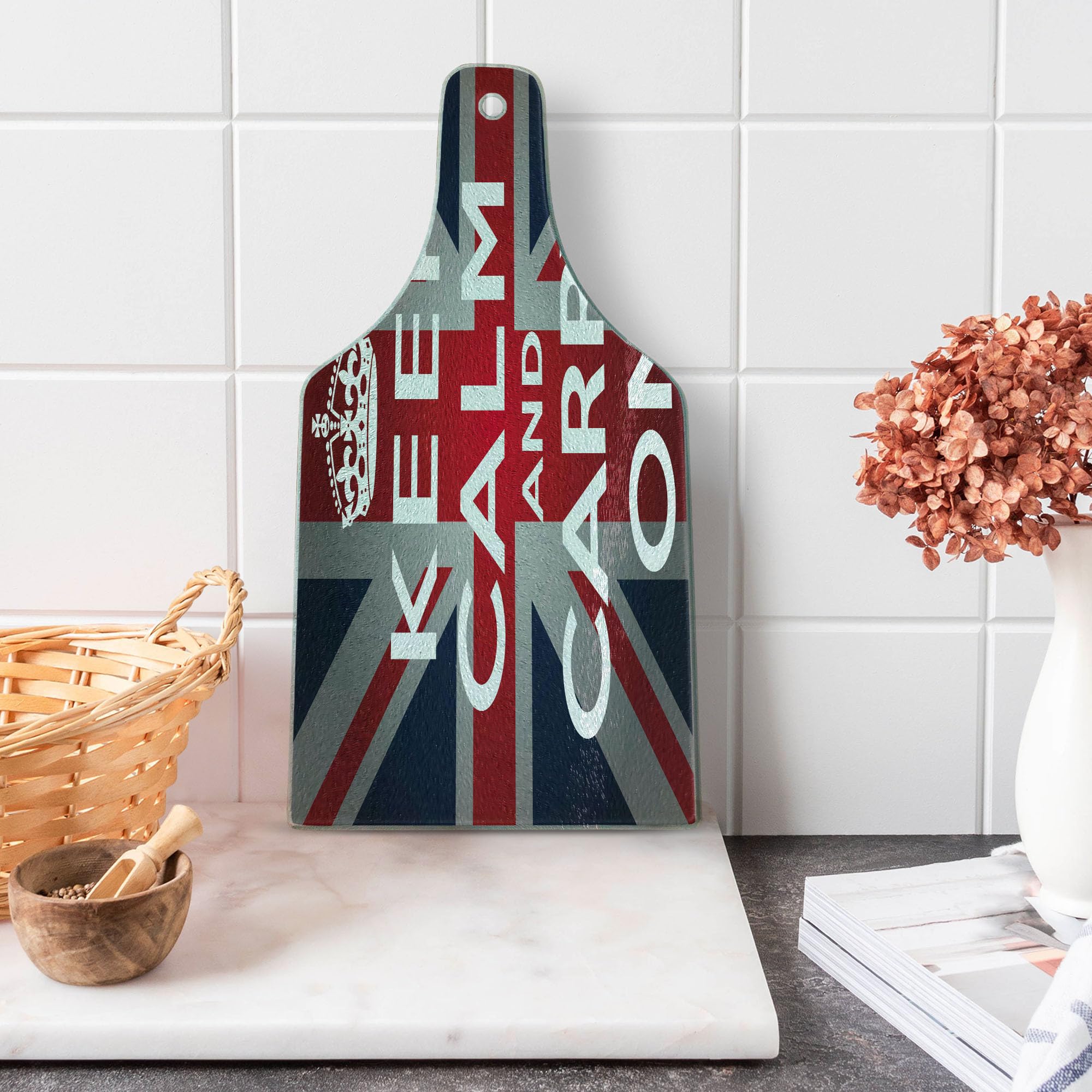 Ambesonne Union Jack Tempered Glass Cutting Board - British Flag Design with 'Keep Calm and Carry On' Motif - Wine Bottle Shaped Serving Board in Navy Blue, Red & White - Perfect for Kitchen Decor, Cheese Platters & Entertaining
