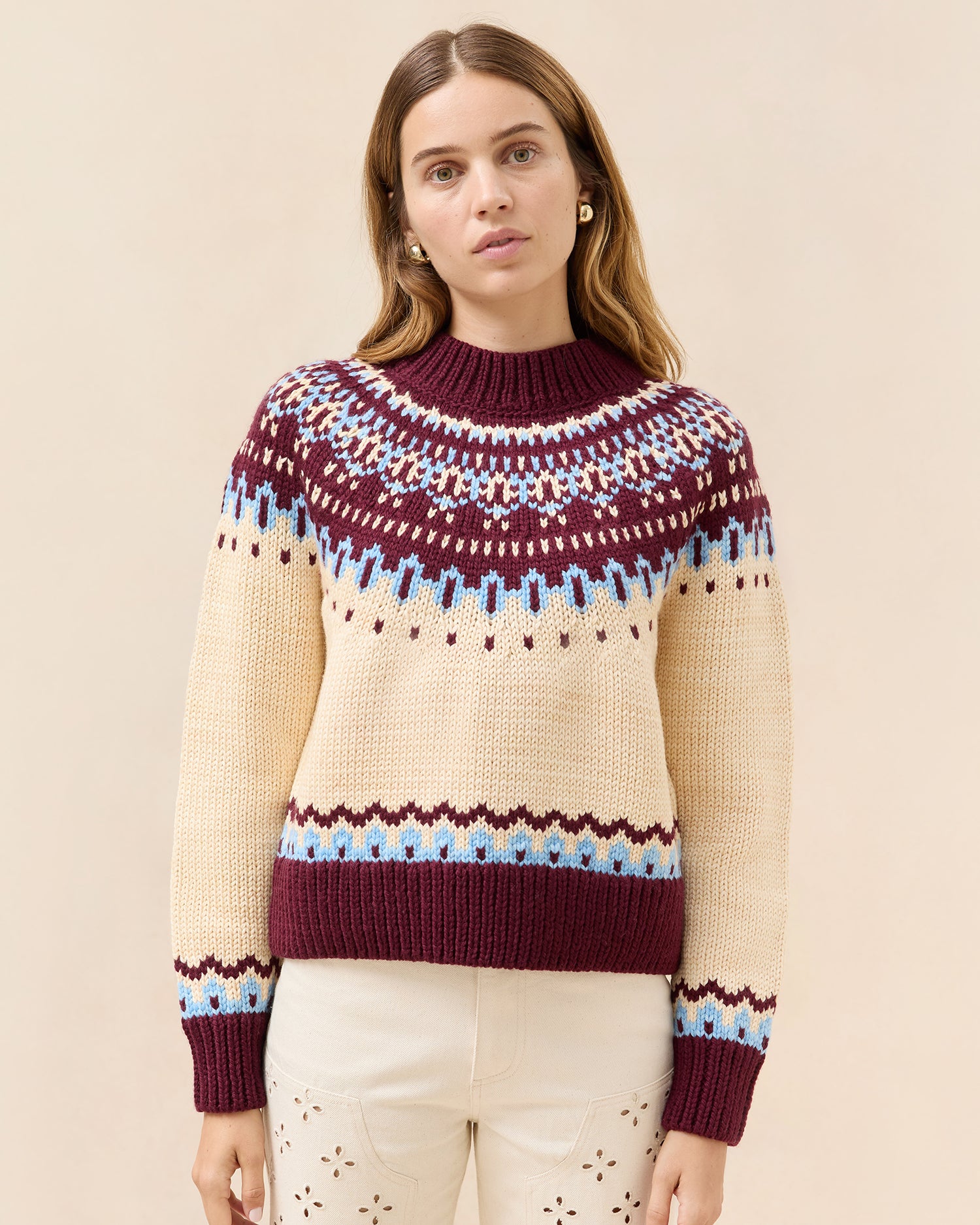 Cream/Maroon/Blue Intarsia