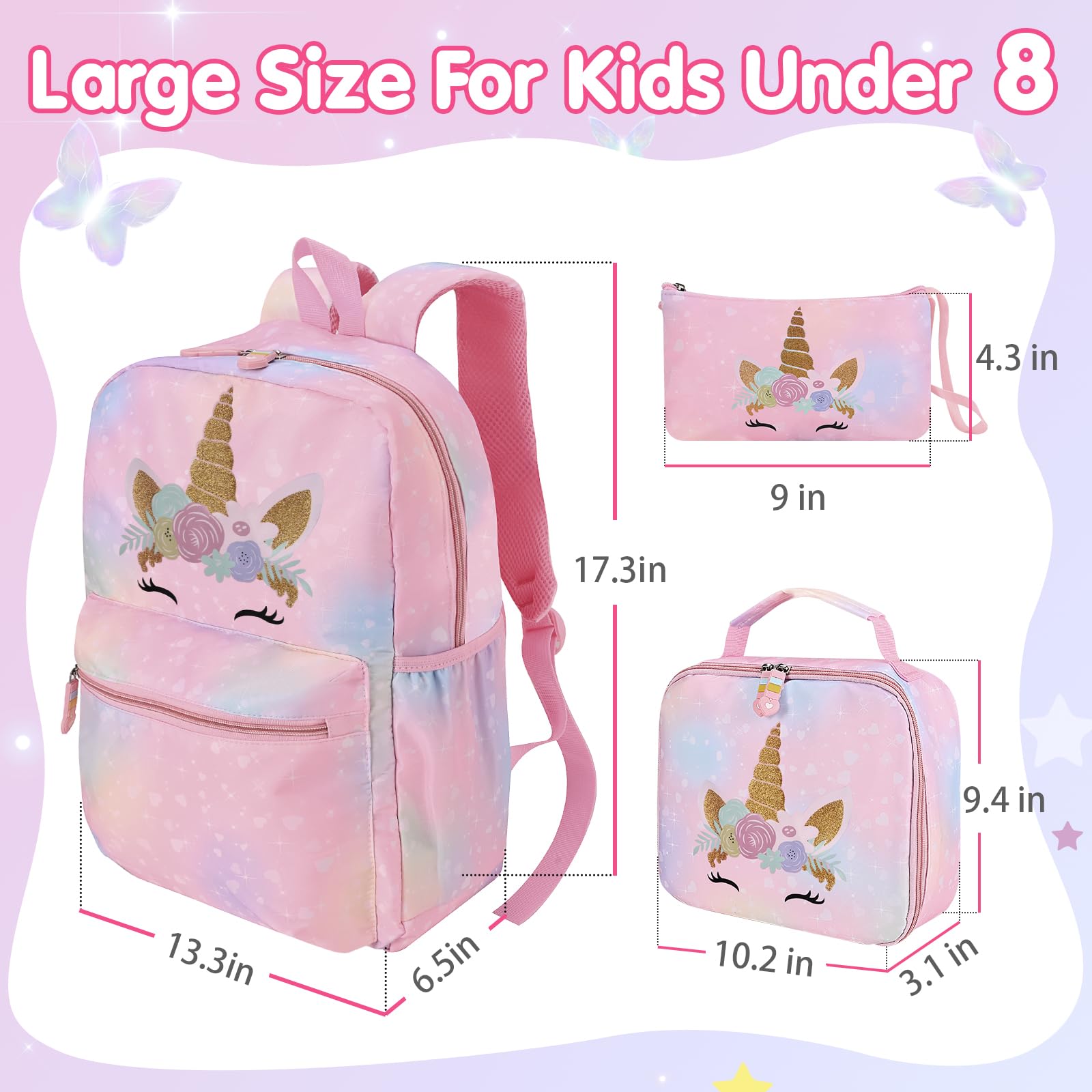 Cokouchyi 3 Pcs Kids Backpack Set with Lunch Box & Pencil Case - Lightweight Unicorn School Backpack for Girls Age 4-8, Preschool & Elementary Bookbag - Perfect for School, Travel & Daily Use