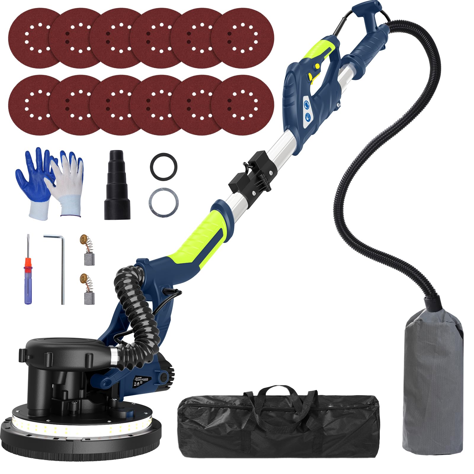 IMQUALI® 750W Electric Drywall Sander with Vacuum - 6.8A Power, 7-Speed Adjustable (800-1750 RPM), Extendable Handle & LED Light - Popcorn Ceiling Remover with 12 Sanding Discs (Navy Blue) - Perfect for Wall Smoothing, Paint Prep & DIY Home Renovation Projects