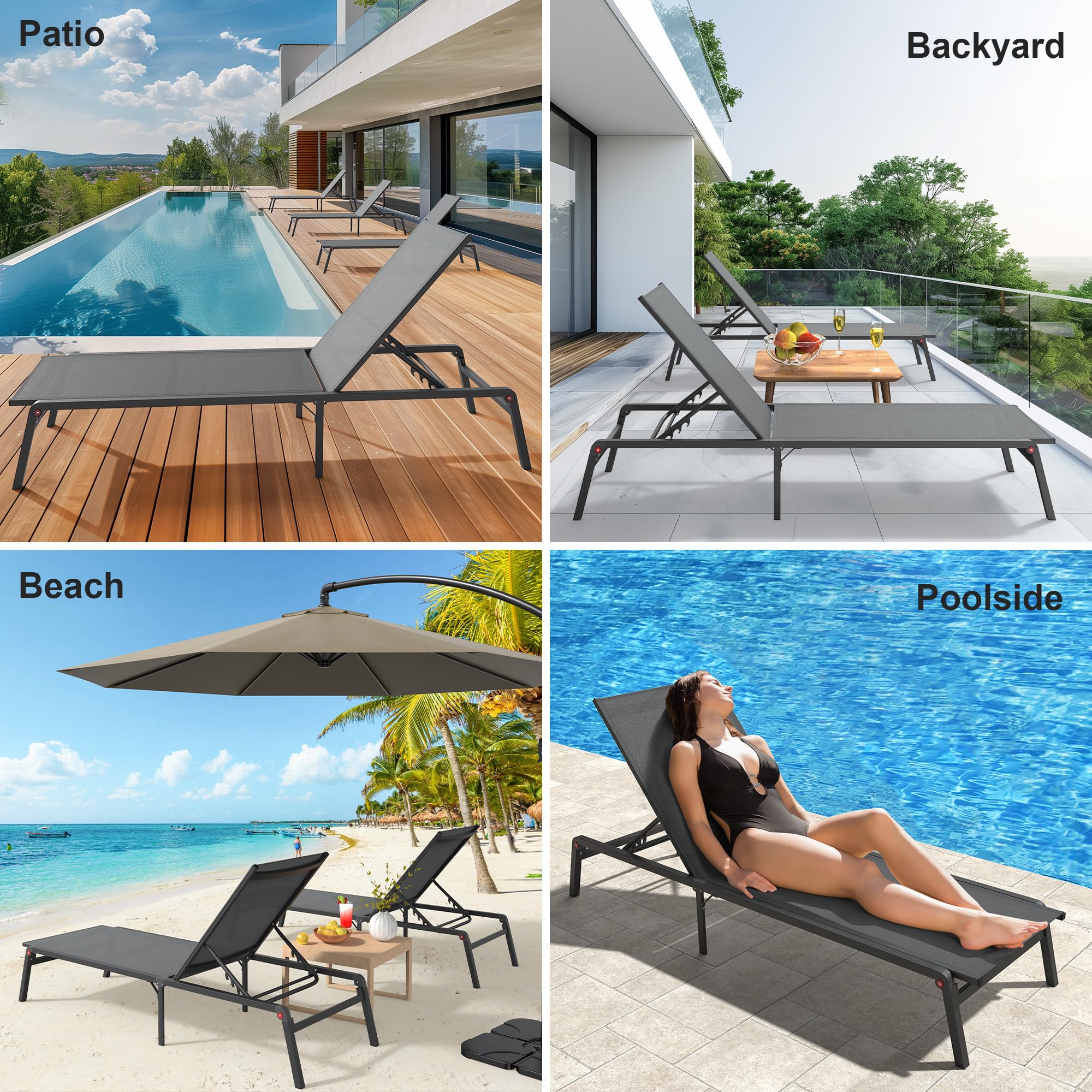 Premium Foldable Outdoor Lounge Chair - 0-60° Adjustable Backrest, No Assembly Tanning Chaise Lounge with Stainless Aluminum Frame for Patio, Poolside & Beach Relaxation - Grey (Perfect for Sunbathing, Backyard Lounging & Vacation Getaways)