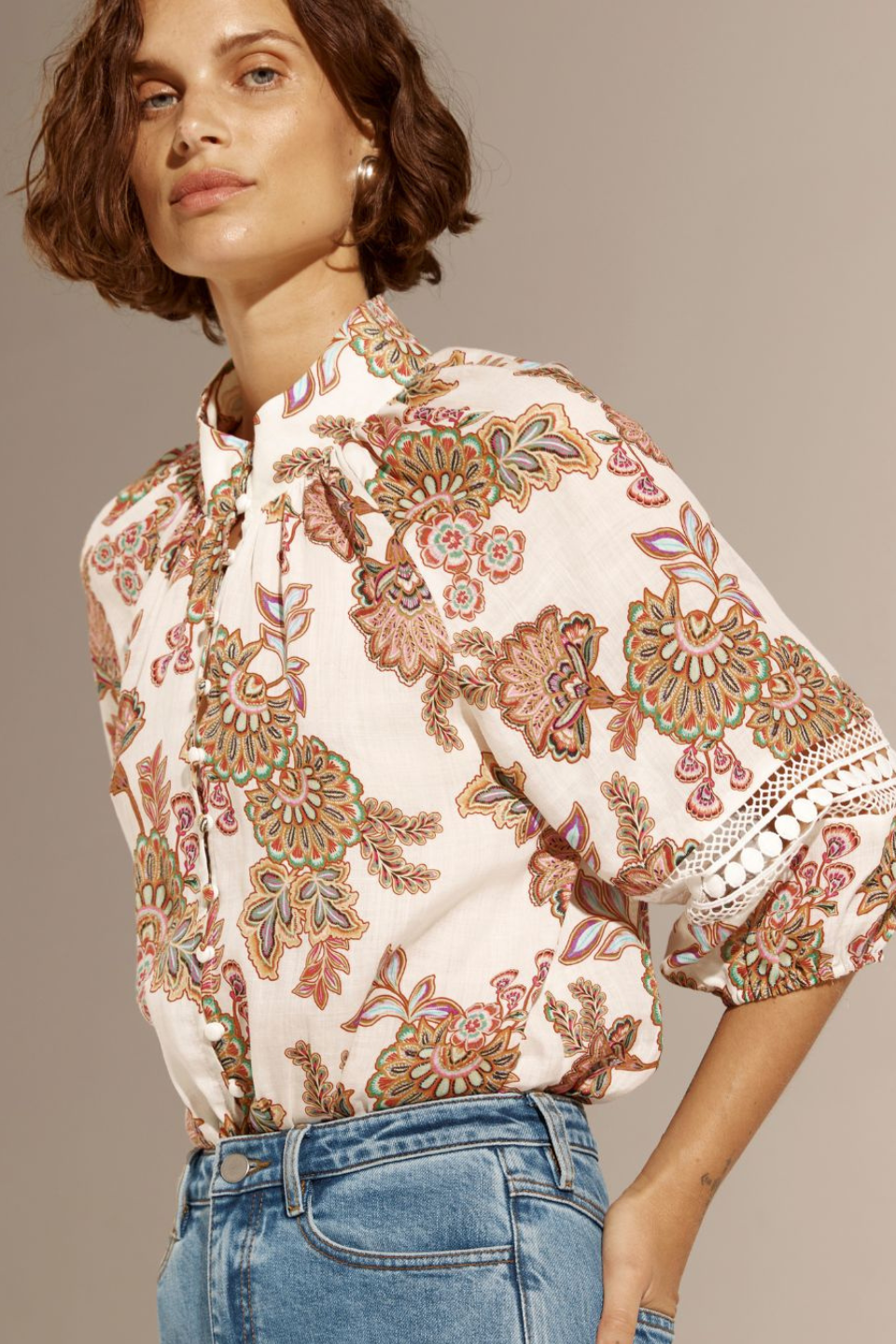 Invoke Cream Paisley High Neck Short Sleeve Blouse for Women - Elegant Floral Print Summer Top for Office, Date Night & Casual Outings
