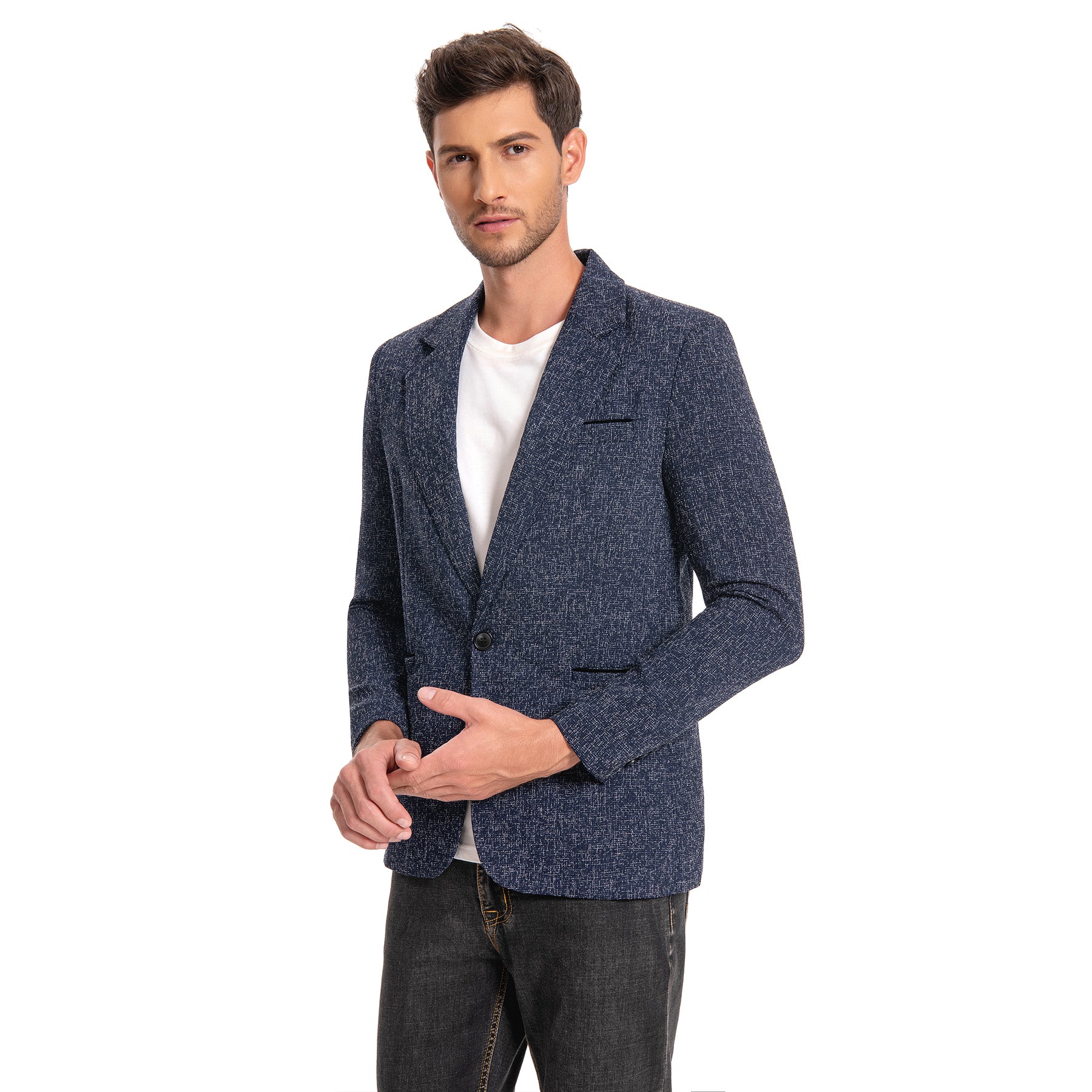 Men's Slim Fit Notch Lapel Single Breasted Blazer Jacket in Navy Blue | Business Casual & Wedding Attire