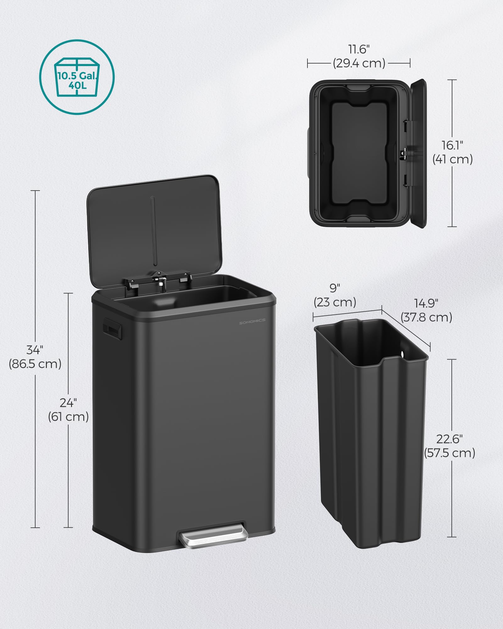 SONGMICS 10.5-Gallon (40L) Stainless Steel Kitchen Trash Can with Lid - Wide Foot Pedal, Soft Close & Stay Open Feature - Perfect for Home, Office & Restaurant Use - Black (ULTB541B40)