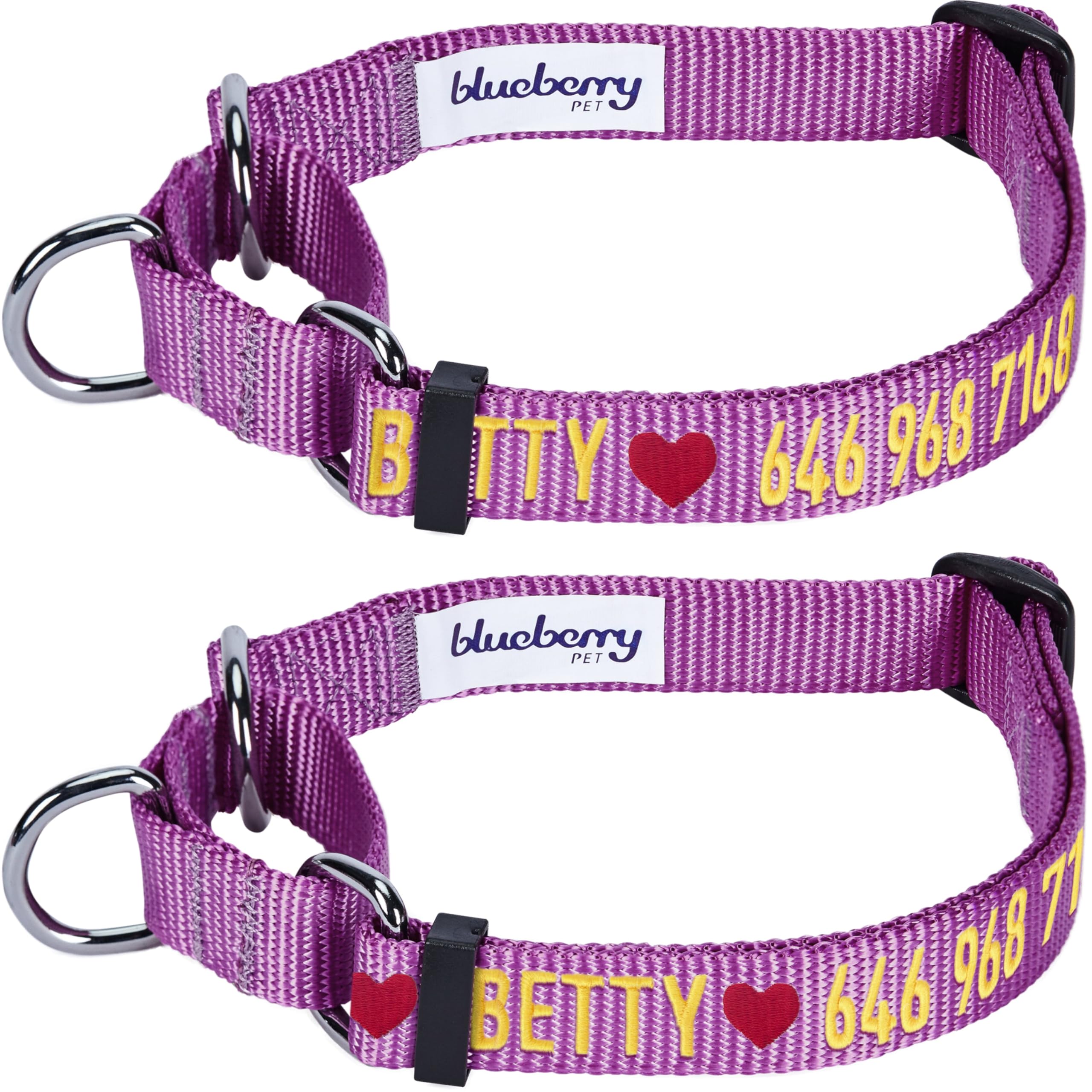 **Personalized Martingale Dog Collar - Adjustable Safety Training Collar with Embroidered Pet Name & Phone Number, Violet Blueberry, Medium | Ideal for Walks, Training & Pet Identification**