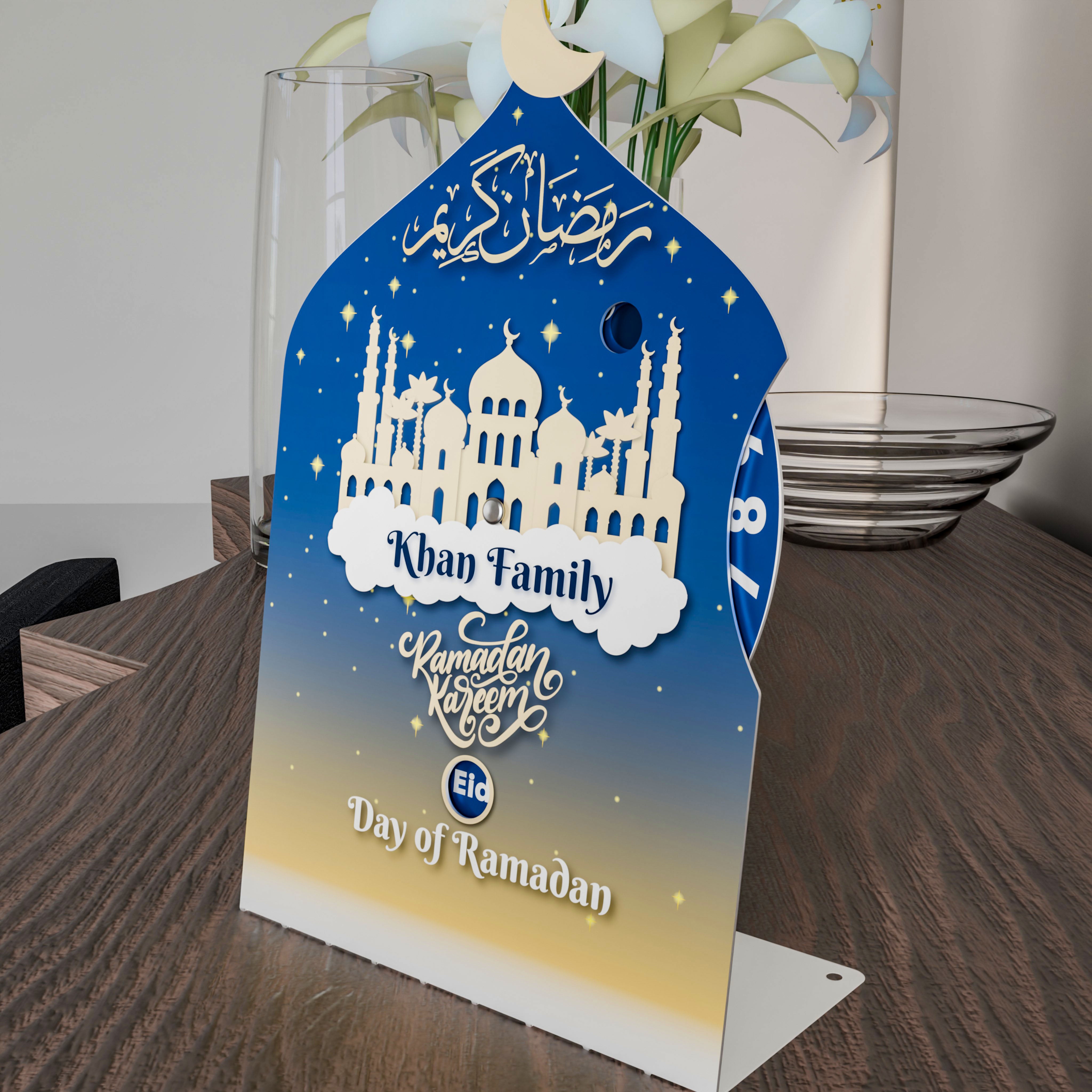 Custom Ramadan Calendar with Family Name - Perpetual Islamic Metal Wall & Table Decor - Perfect for Home, Mosque & Gift Giving