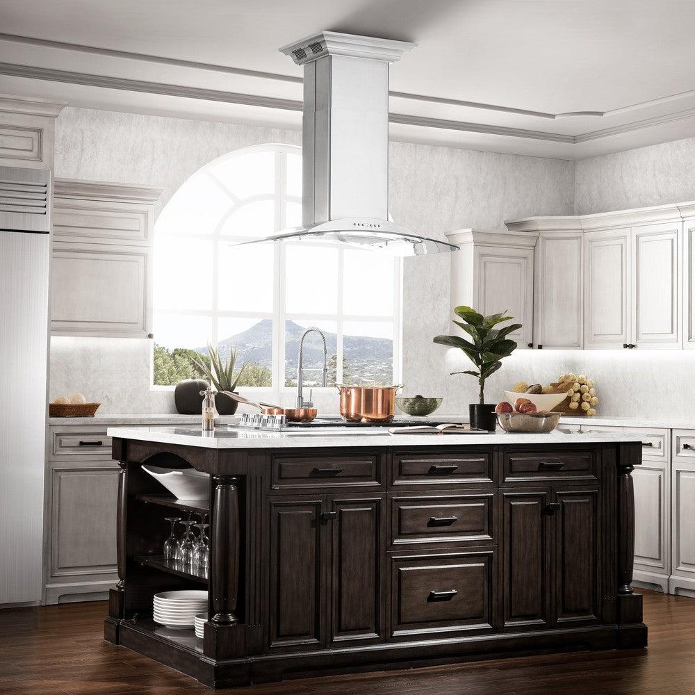 ZLINE GL9iCRN BT Stainless Steel Island Mount Range Hood with Built-in CrownSound Bluetooth Speakers - Premium Kitchen Ventilation for Modern Homes, Perfect for Cooking & Entertaining