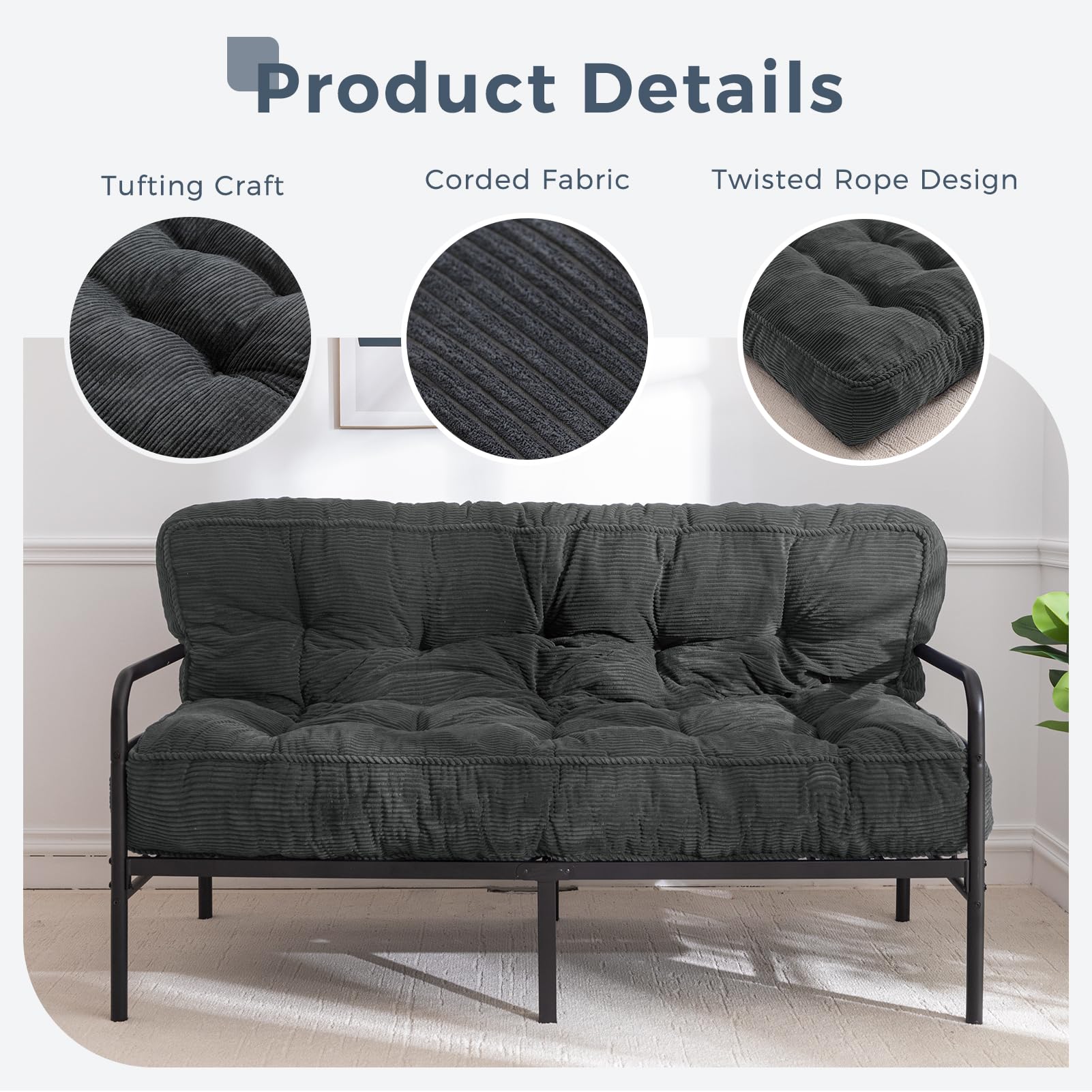 MAXYOYO 8 Inch Tufted Futon Sofa Couch Bed - Thick Corduroy Fabric Floor Mattress for Adults (Mattress Only) in Dark Grey - Perfect for Small Spaces, Guest Rooms & Dorm Rooms
