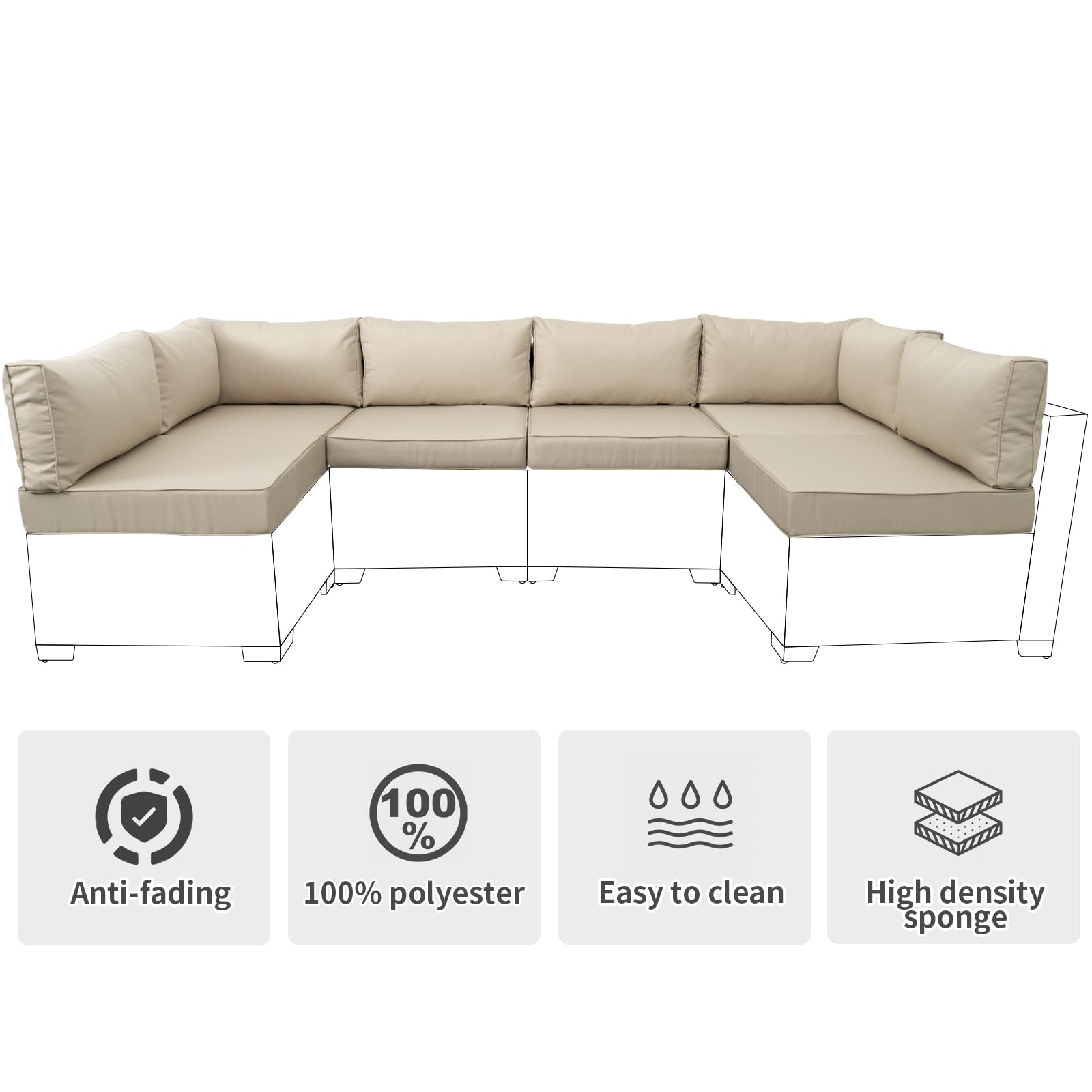 **Valita 14-Piece Water-Resistant Outdoor Replacement Cushions for 6-Seat Sectional Rattan Sofa Set – Khaki Patio Furniture Cushions with Liner & Cover – Perfect for Backyard, Deck, and Poolside Relaxation**