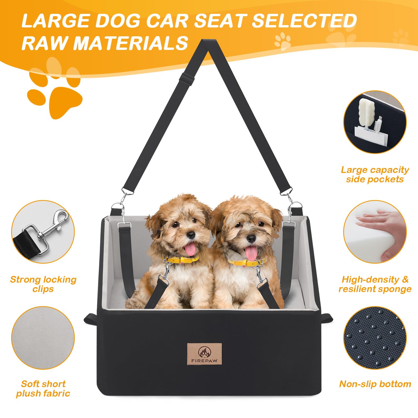 Premium Dog Car Seat for Large Dogs - Elevated Pet Booster Seat for Dogs Under 55Lbs or 2 Small Dogs - Detachable Washable Car Dog Bed with Thick Cushion & Storage Pockets (Black) - Perfect for Road Trips, Vet Visits & Daily Commutes