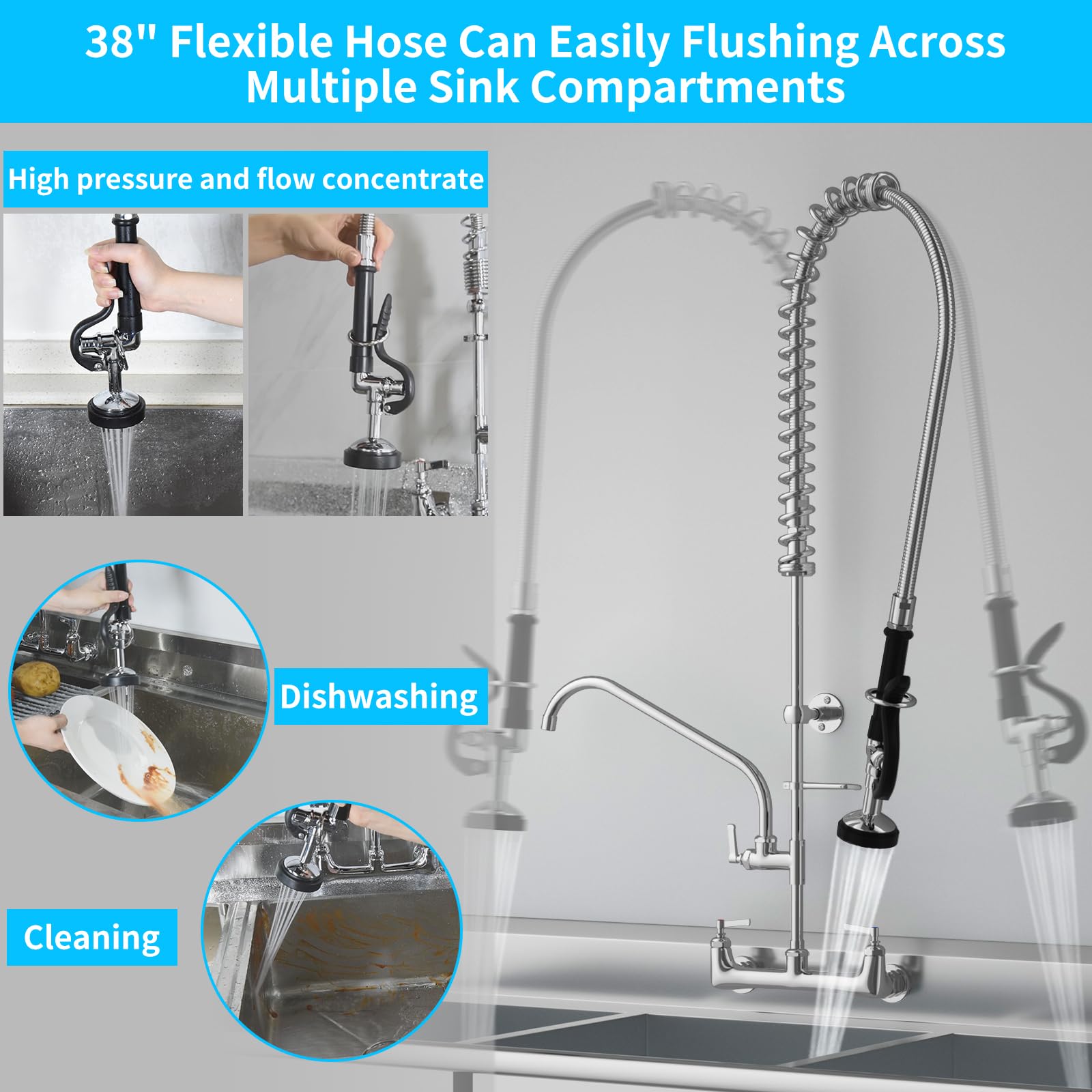 Commercial Brass Wall Mount Kitchen Sink Faucet with Pull Down Sprayer - 36