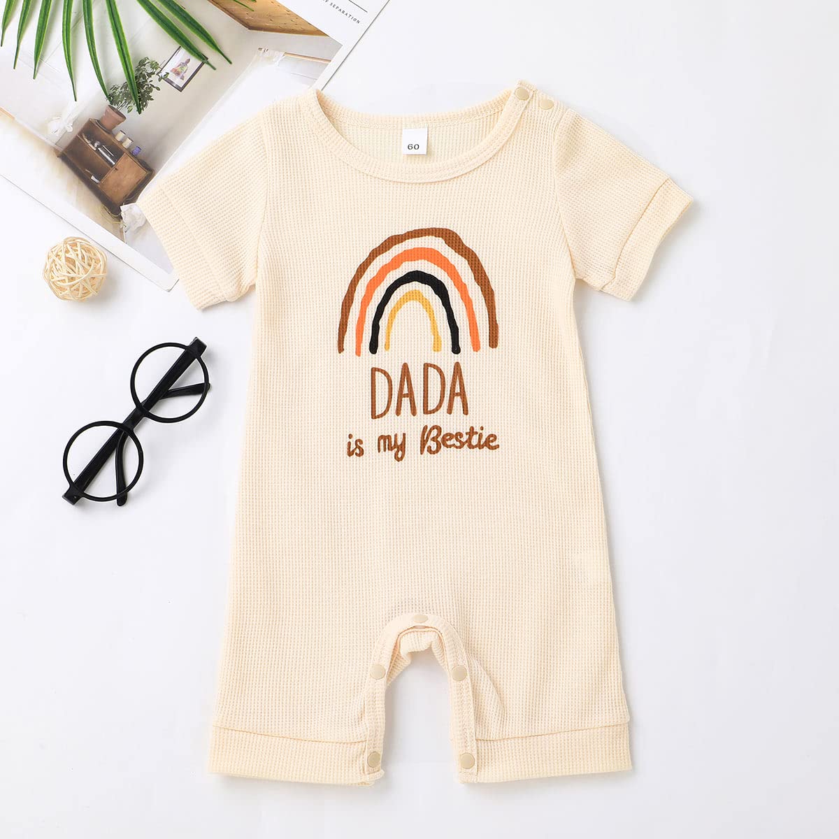 Newborn Baby Girl & Boy Rainbow Romper - Waffle Knit Jumpsuit for Summer - Matching Family Outfits for Mom & Dad - Perfect for Family Photos & Outdoor Activities
