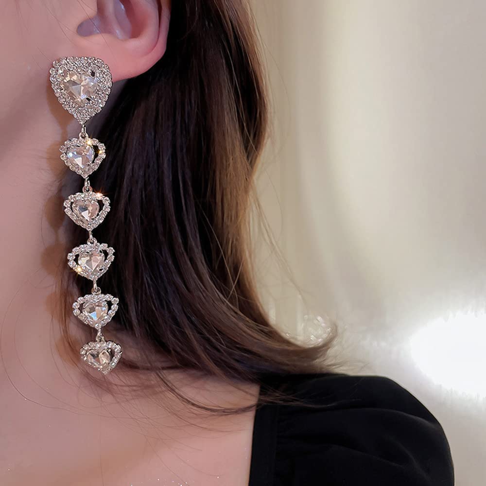 Jumwrit Rhinestone Heart Dangle Earrings - Long Chandelier Drop Earrings for Women, Silver Love Heart Stud Earrings - Perfect for Valentine's Day, Date Night & Special Occasions