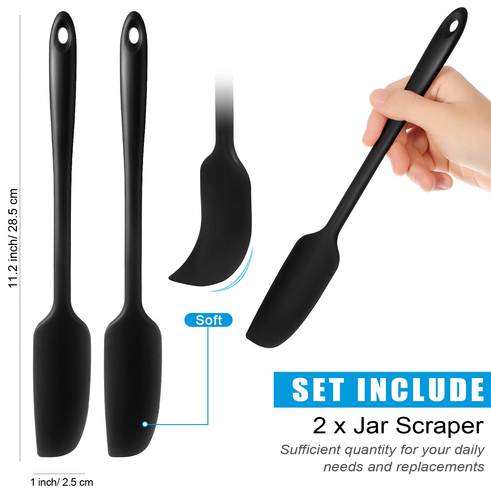 Patelai 2-Pack Long Handle Silicone Jar Spatula - Non-Stick Rubber Scraper, Heat Resistant Kitchen Tool for Cooking, Baking, Mixing - Perfect for Jars, Smoothies, Blenders & Food Prep (Black)