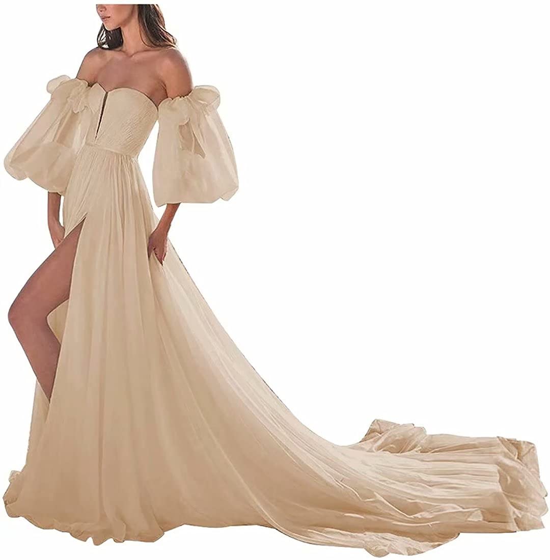 Elegant Side Slit Princess Long Chiffon Off Shoulder Ball Gown with Puffy Sleeves - Perfect for Prom, Evening Gala, Wedding Guest & Formal Events