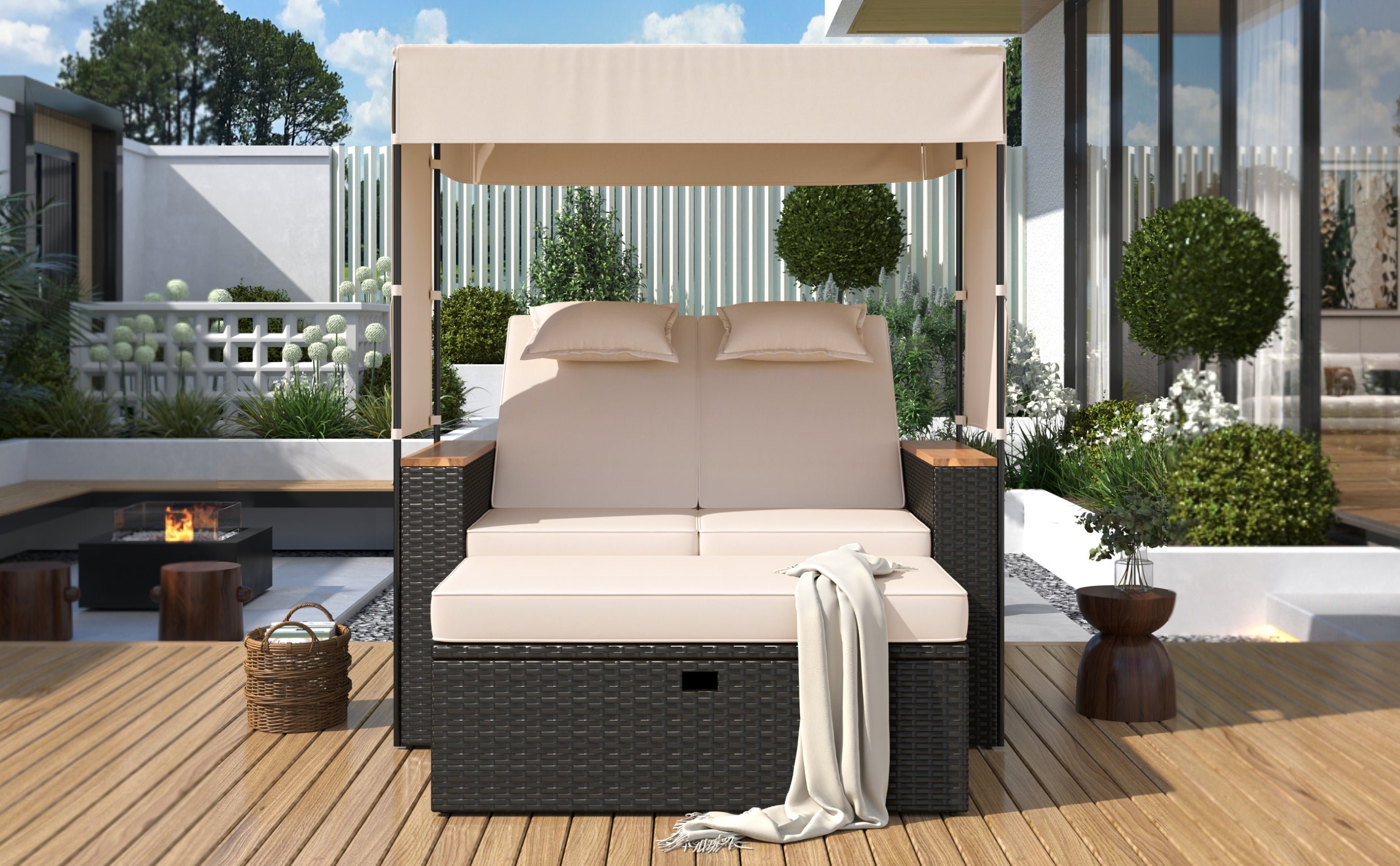 2-Piece Outdoor Rattan Daybed with 5 Adjustable Positions - Patio Loveseat Sofa Set for Poolside, Garden, or Backyard Relaxation