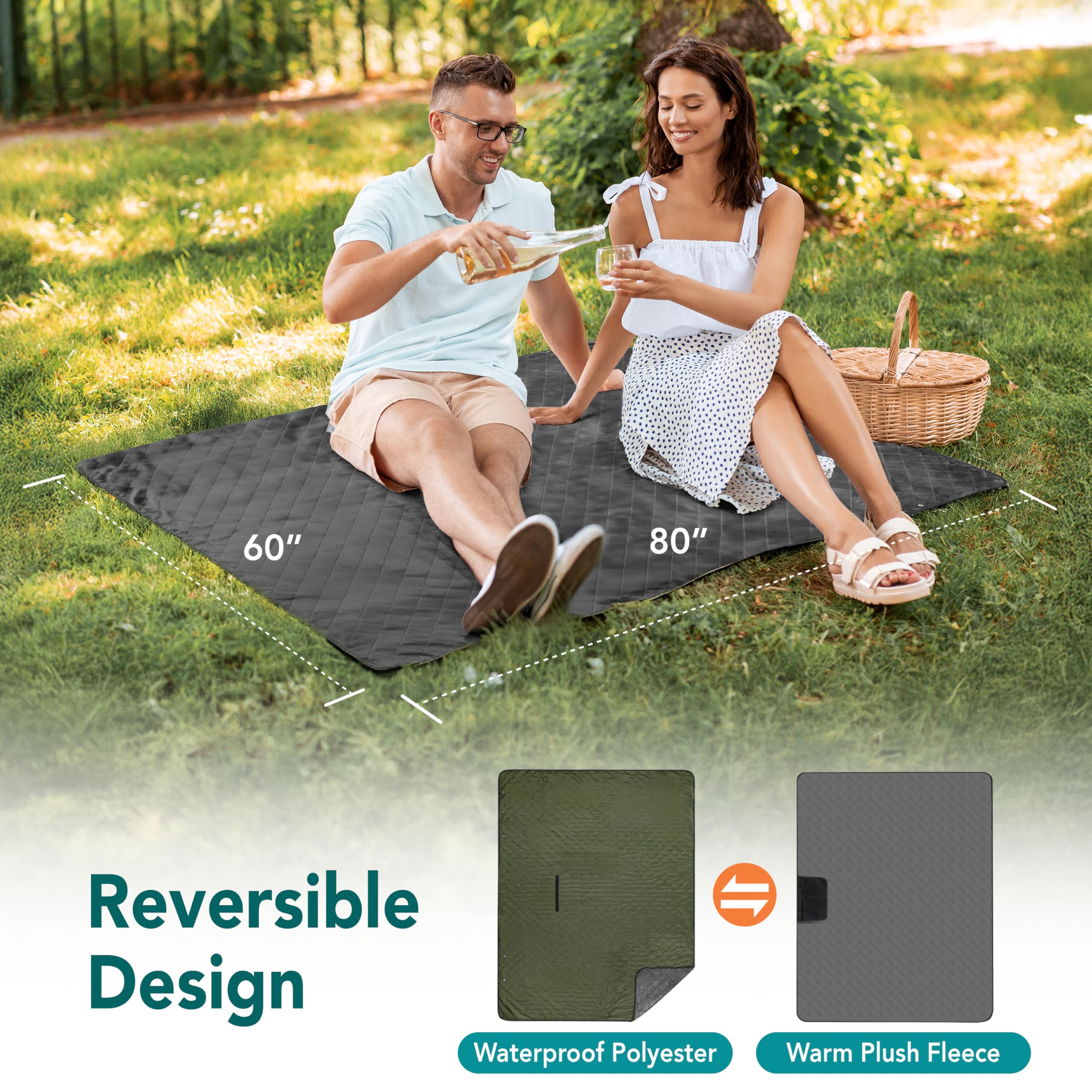 **SUN CUBE Large Waterproof Camping Blanket - 60x80in Fleece Quilted Windproof Outdoor Blanket for Cold Weather, Picnic, Beach, Hiking, Travel, Pets & Car - Foldable Stadium Blanket for Sports & Camping**