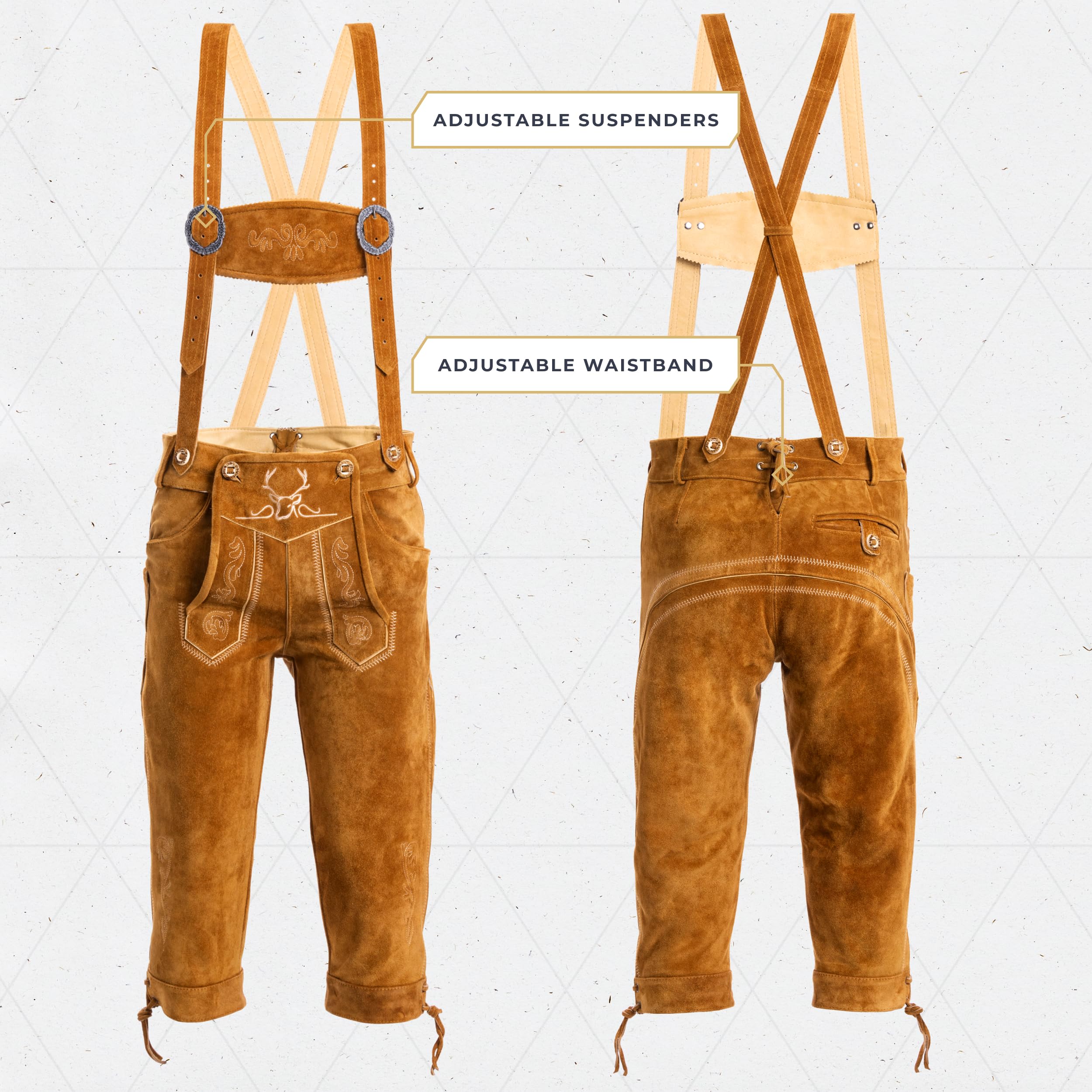 Authentic German Lederhosen for Men - Genuine Leather Bavarian Traditional Oktoberfest Pants - Light Brown Knee-Length - Perfect for Oktoberfest, Beer Festivals & Cultural Events