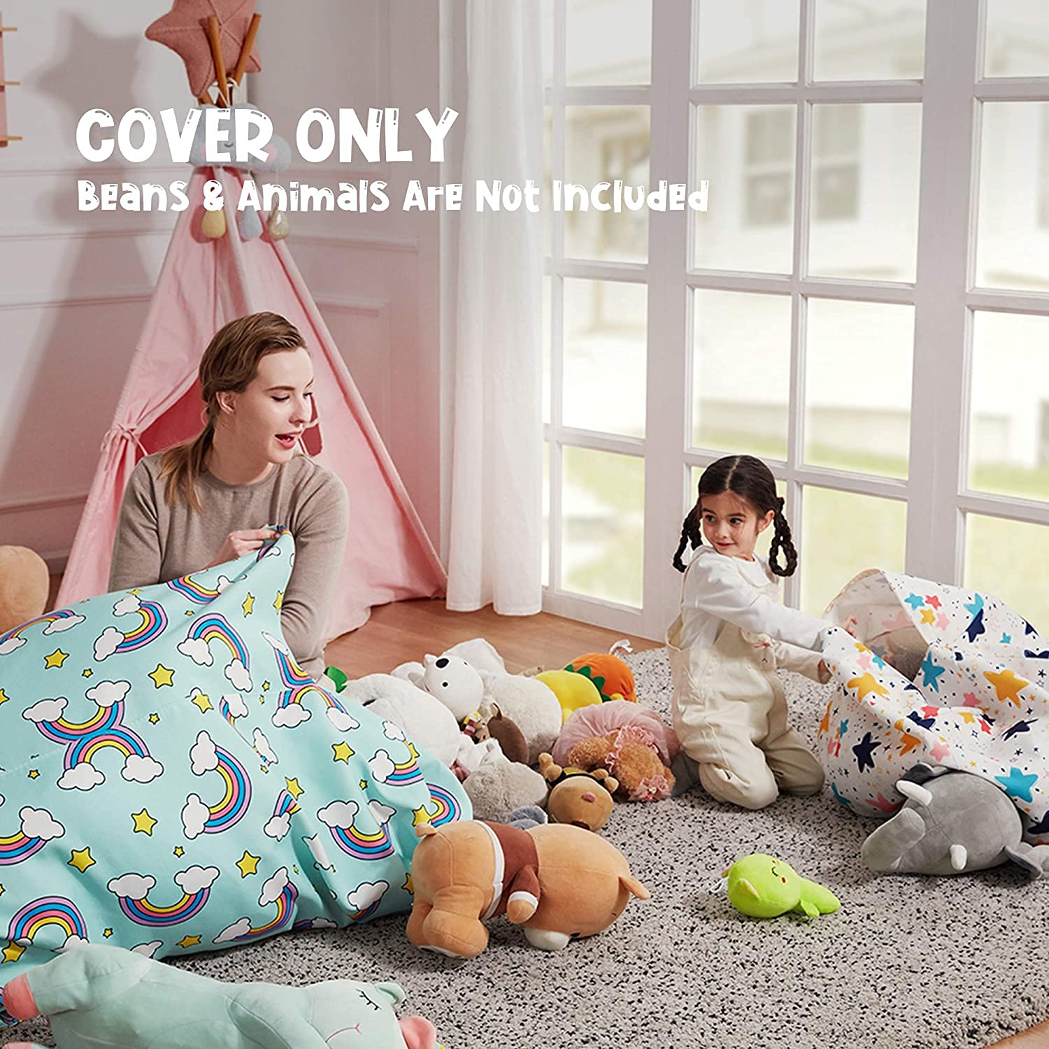 Nobildonna Stuffed Animal Storage Bean Bag Chair Cover - Large Kids Bean Bag Chair Without Filling for Girls & Toddlers, Plush Toy Organizer for Nursery, Playroom & Bedroom Decor