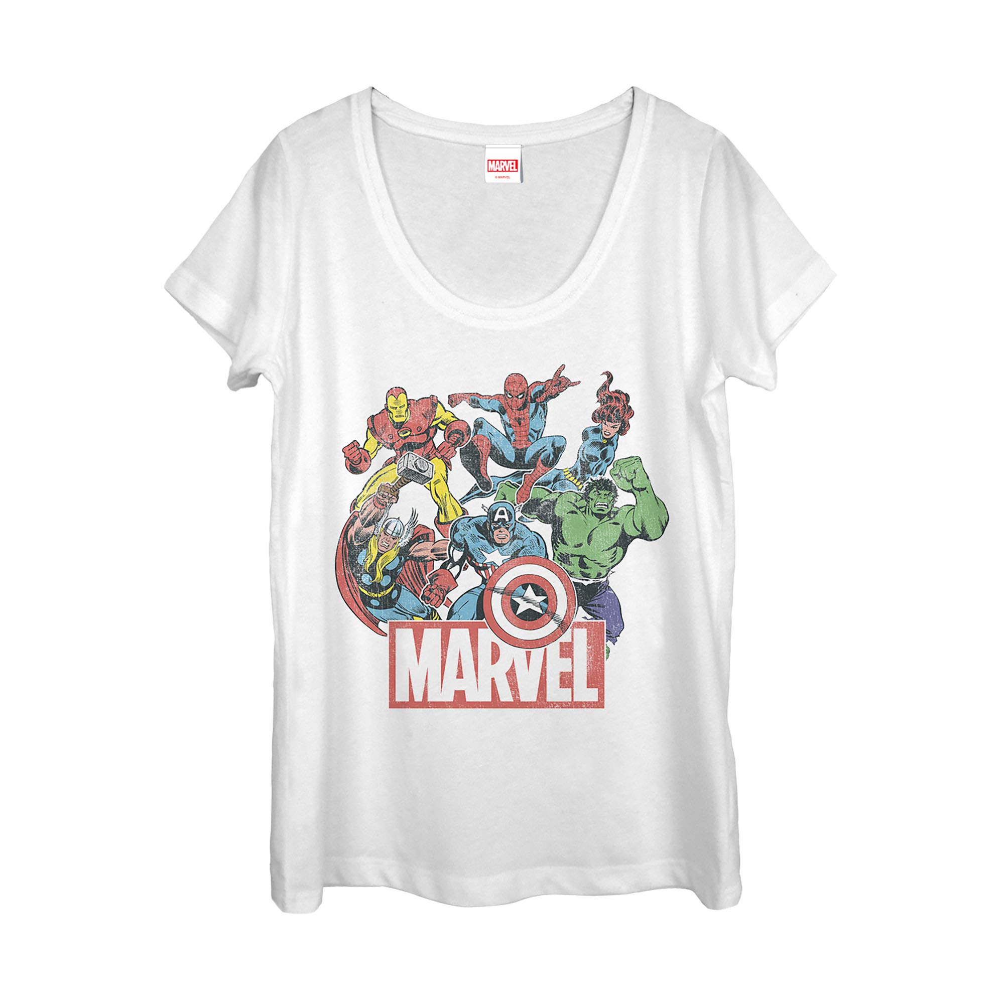 Marvel Universe Heroes of Today Women's Scoop Neck T-Shirt - Casual Graphic Tee for Superhero Fans, Perfect for Cosplay, Comic Con & Everyday Wear