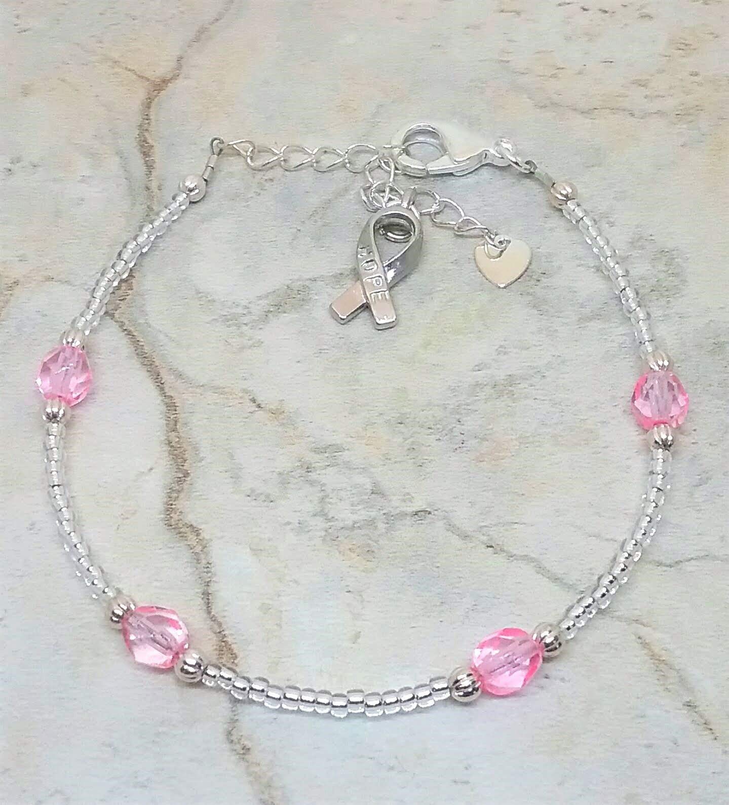 Breast Cancer Awareness Ankle Bracelet - Silver Tone Pink Ribbon Anklet with Heart Charm for Women | Hope & Support Jewelry Gift for Survivors, Fundraisers and Awareness Events