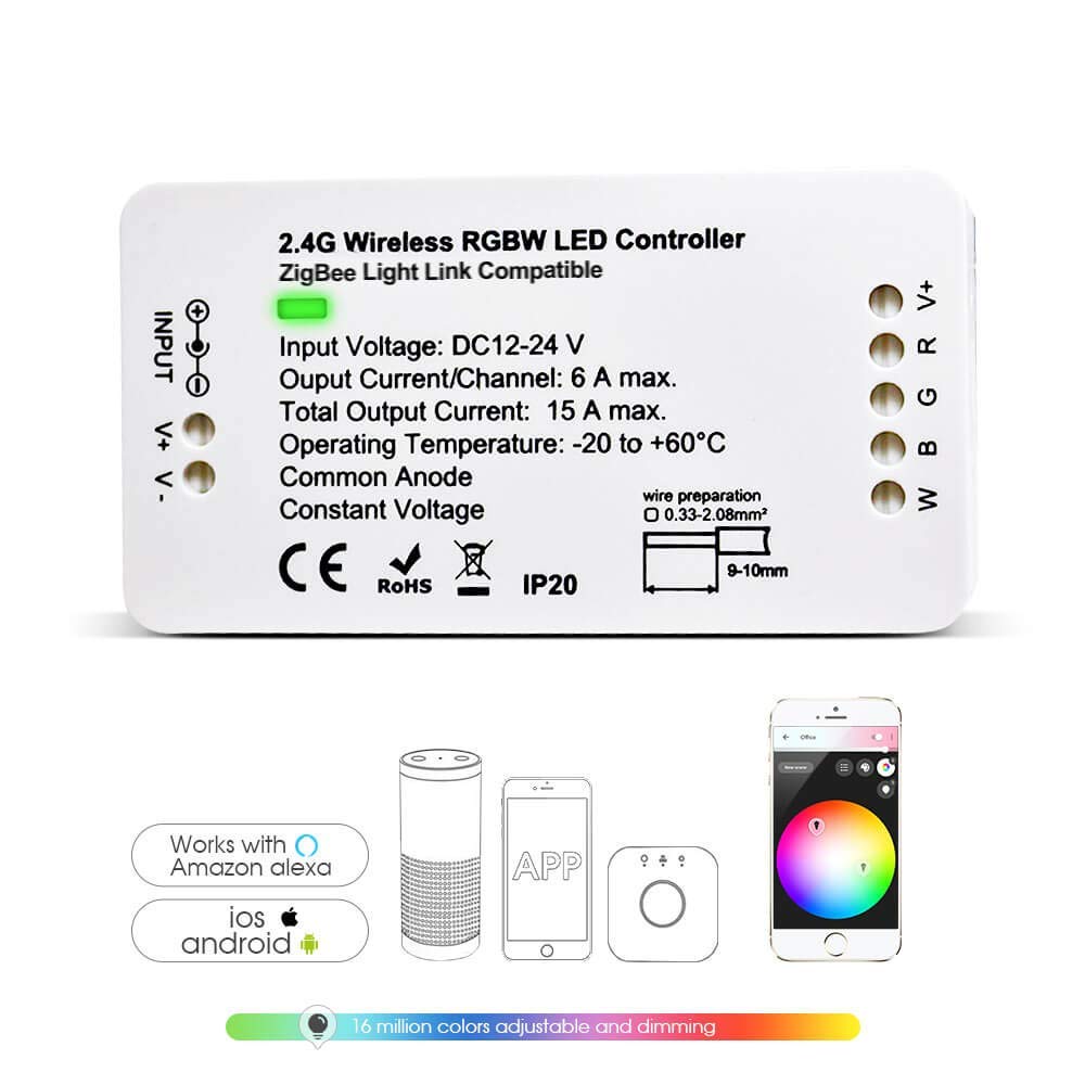Smart LED Strip Light Controller - RGB CCT/RGBW Zigbee Dimmer for DC12-24V LED Strips, Compatible with Amazon Echo Plus | Perfect for Home Theater Lighting, Bedroom Ambience & DIY Home Decor