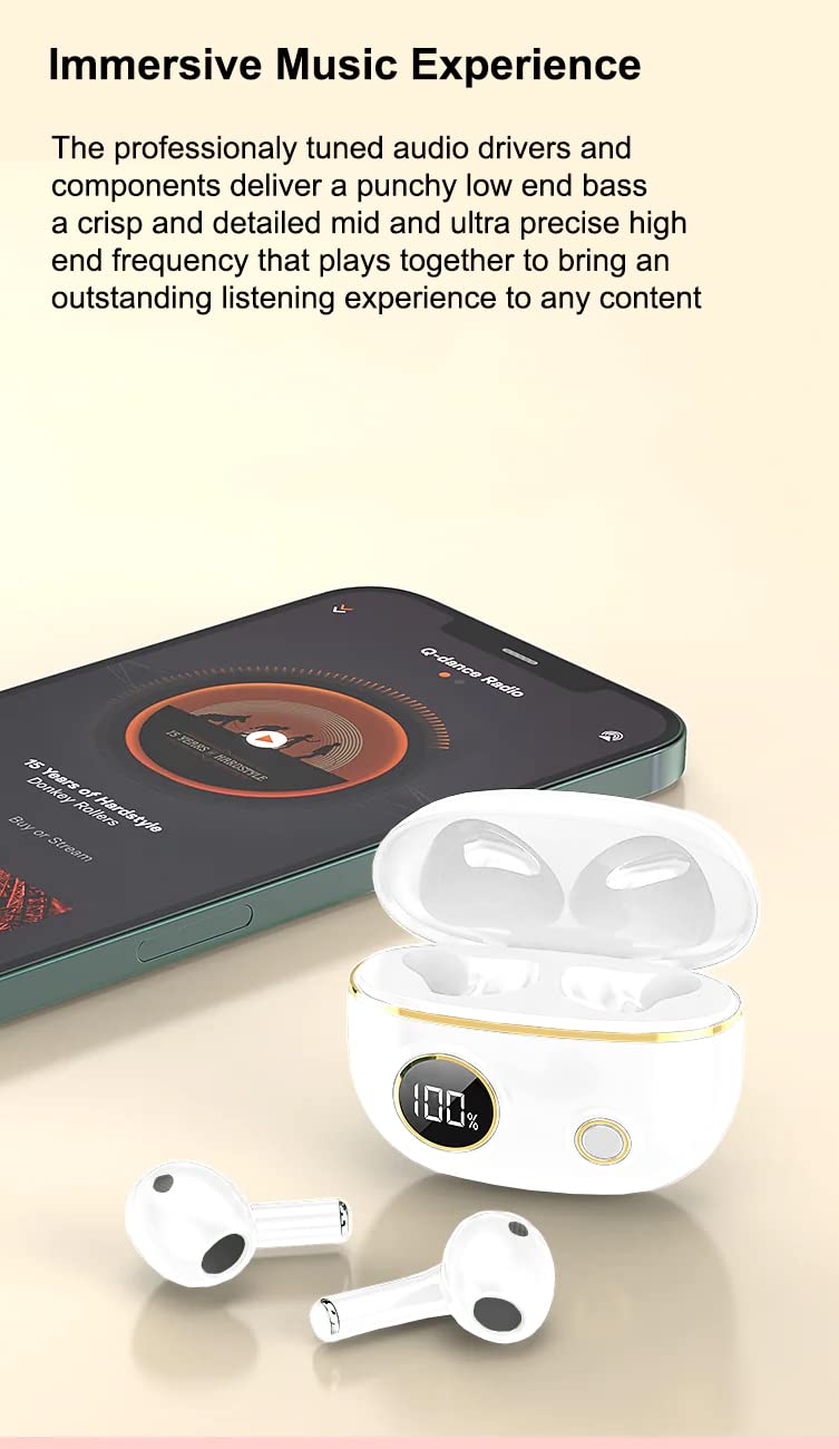 Wireless Bluetooth 5.0 Earbuds, IPX5 Waterproof In-Ear Headphones with Mic, USB-C Rechargeable Case & LCD Display - Compatible with Android/iOS Smartphones (White) - Perfect for Workouts, Running & Commuting