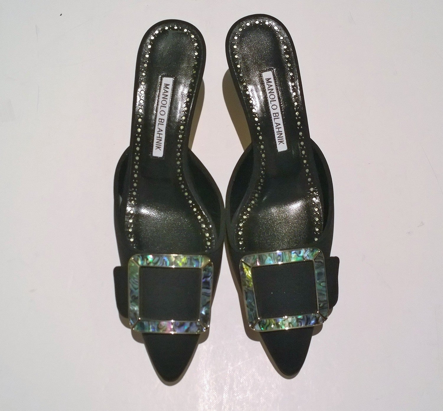Manolo Blahnik Maysale Black Crepe de Chine Mules with Mother of Pearl Buckle - Elegant Heels for Women, Perfect for Evening Parties & Special Occasions