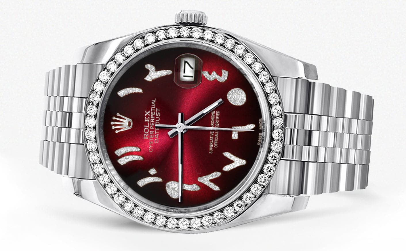 Rolex Datejust 36mm Watch - 116200 Model with Hidden Clasp, Diamond Markers & Red Black Arabic Dial | Luxury Jubilee Bracelet | Perfect for Business Meetings, Formal Events & Special Occasions