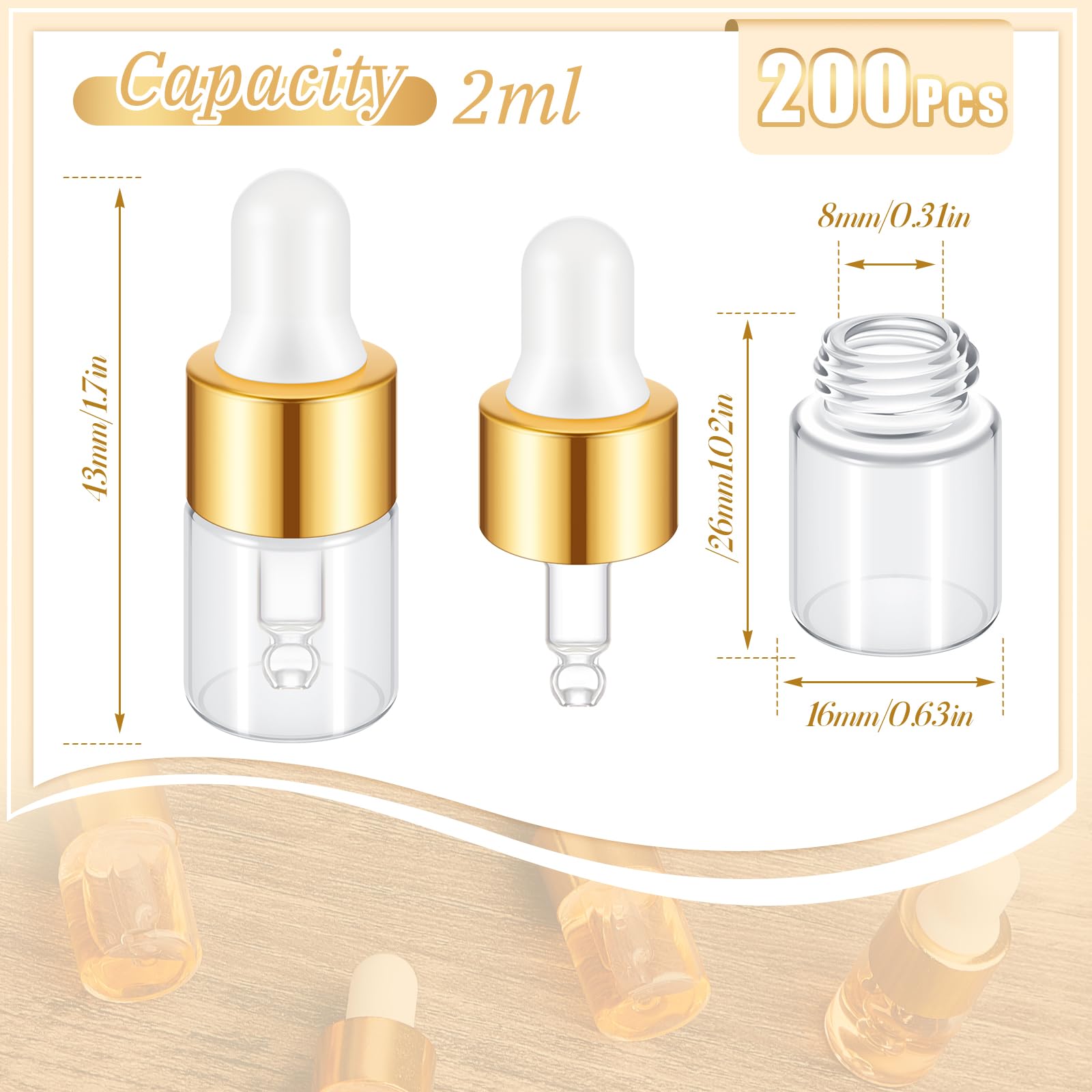 200 Pcs 2ml Mini Glass Dropper Bottles with Gold Lids - Travel Size Essential Oil Containers, Cosmetic Sample Vials for Perfume, DIY Liquids & Beauty Products - Perfect for Travel, Home Use & Gift Packaging