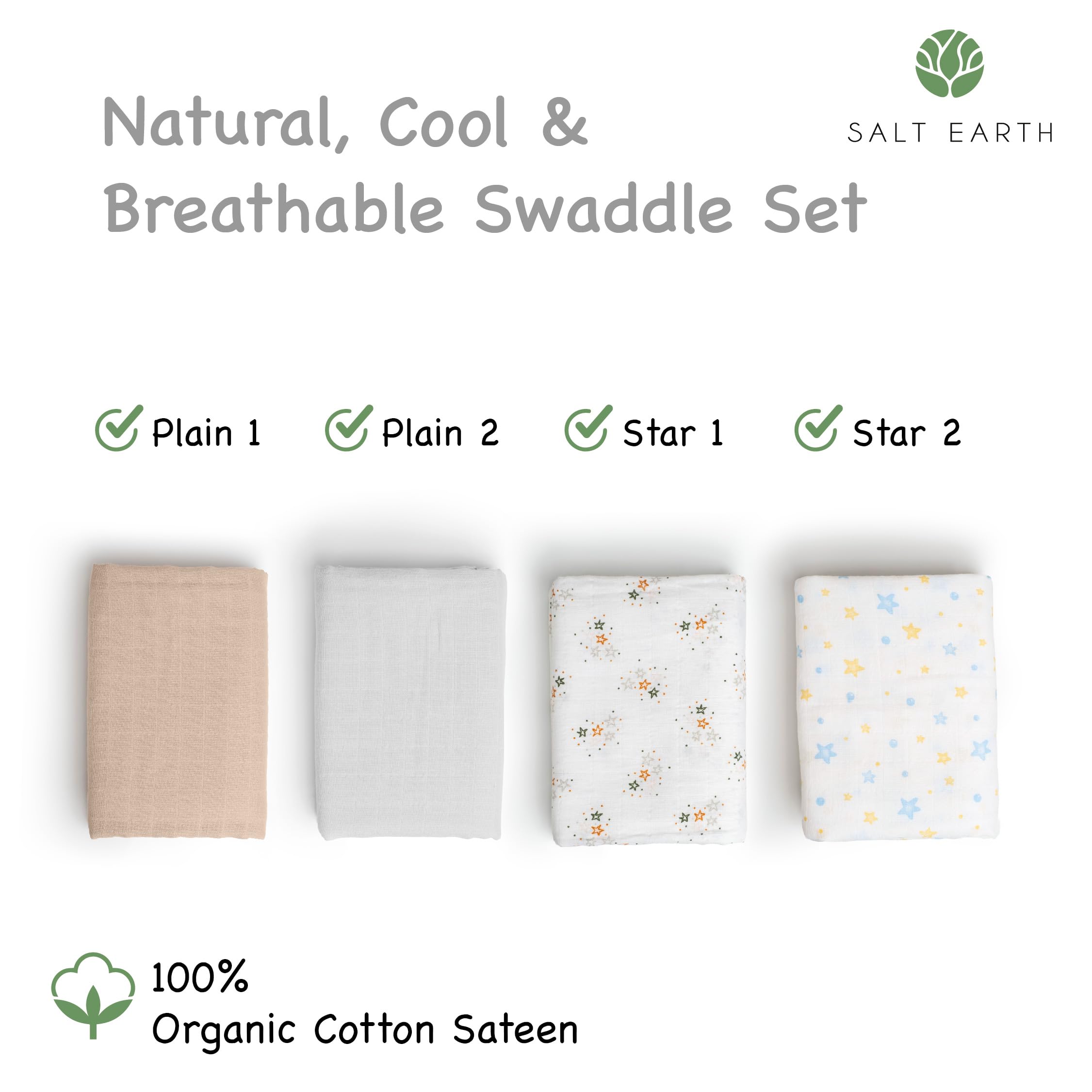 GOTS Certified 100% Organic Cotton Baby Swaddle Blankets - 2-Layered 47x47 Inch Receiving Blankets for Newborns (4 Pack, Solids & Stars) | Soft, Breathable & Hypoallergenic for Boys & Girls | Perfect for Swaddling, Nursing, Stroller & Registry Essentials