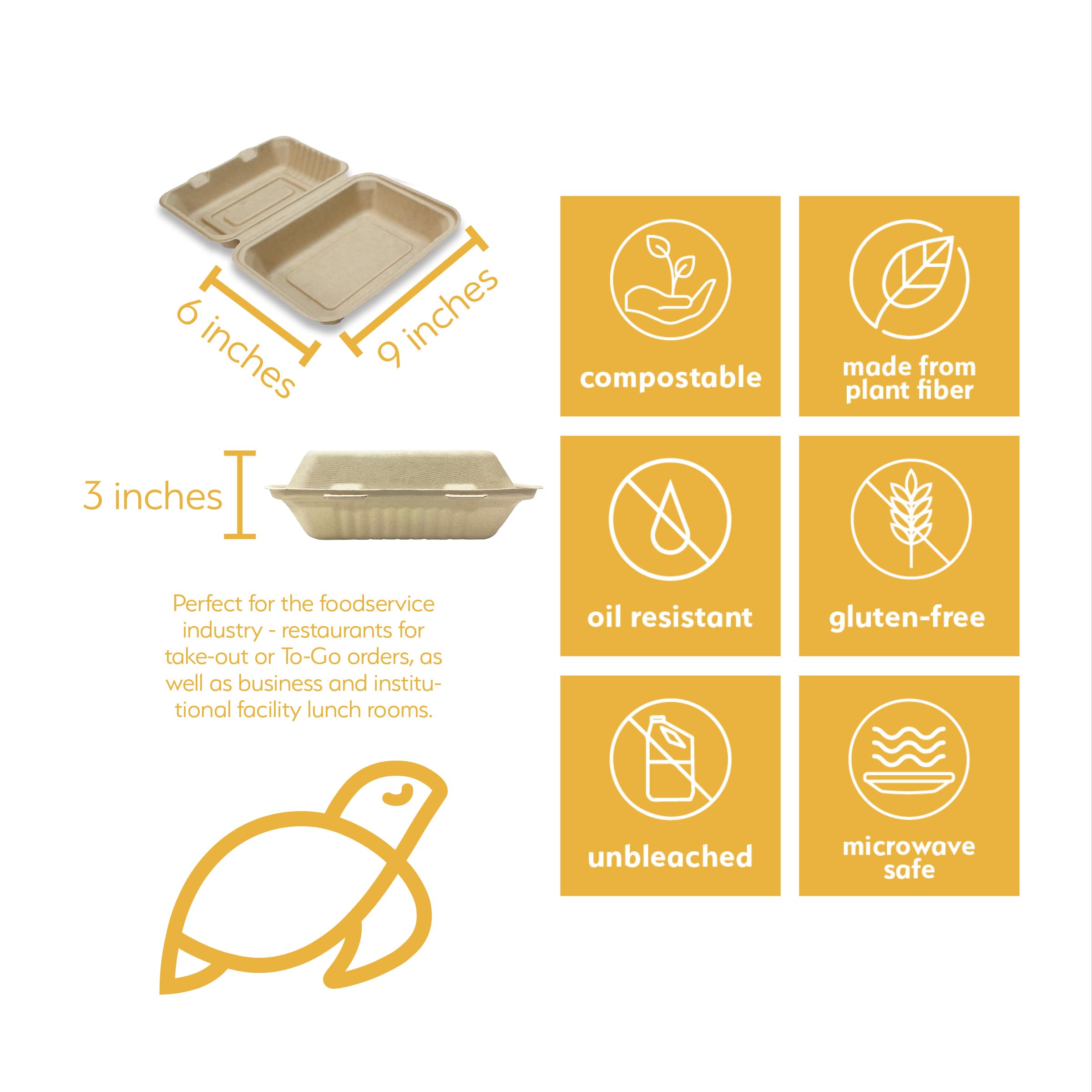 Eco-Friendly 100% Compostable Disposable Food Containers with Lids [9”X6” 500 Pack] - Heavy-Duty Biodegradable Takeout Containers for Restaurants, Catering & Picnics | Unbleached Sustainable Packaging by Earth's Natural Alternative