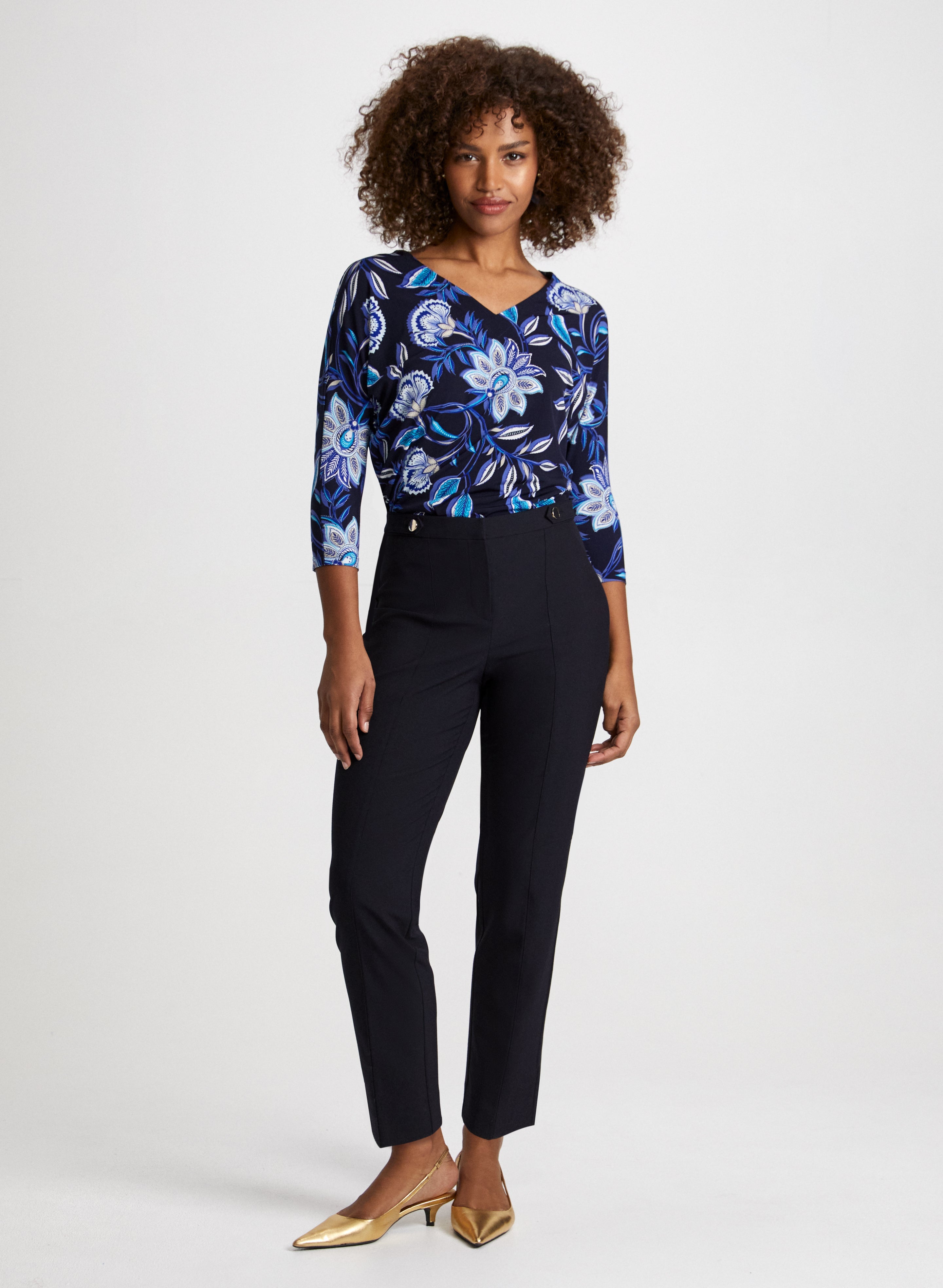 Floral Paisley Print Blouse with Straight Leg Pants Set - Women's Elegant Office Wear & Casual Outfit for Work and Social Events