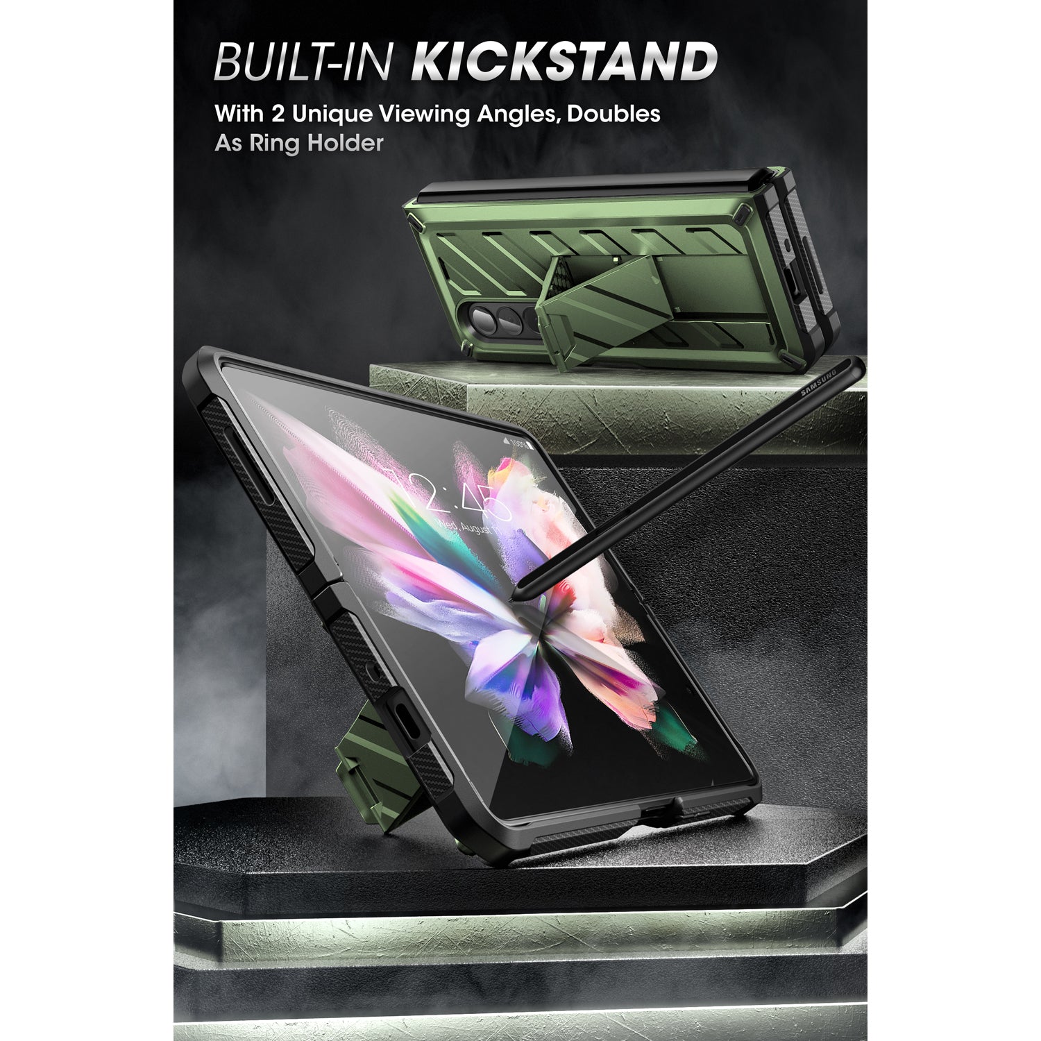 Samsung Galaxy Z Fold 3 Case with Built-in Kickstand & Screen Protector | Dark Green Protective Cover for Work, Travel & Everyday Use