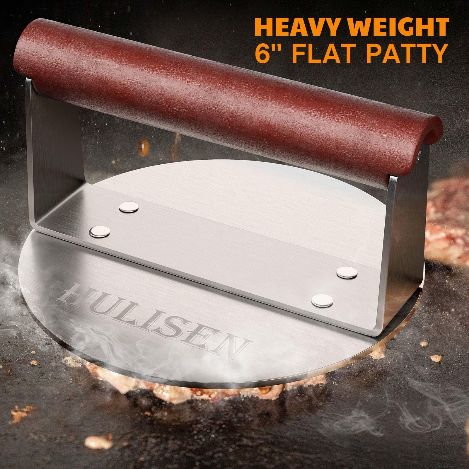 **HULISEN 6 Inch Stainless Steel Burger Smasher - Heavy Duty Hamburger Press with Wood Handle for Griddle & BBQ - Perfect for Smashed Burgers, Grilling, and Outdoor Cooking (1.24 lb, Gift Wrapping Included)**