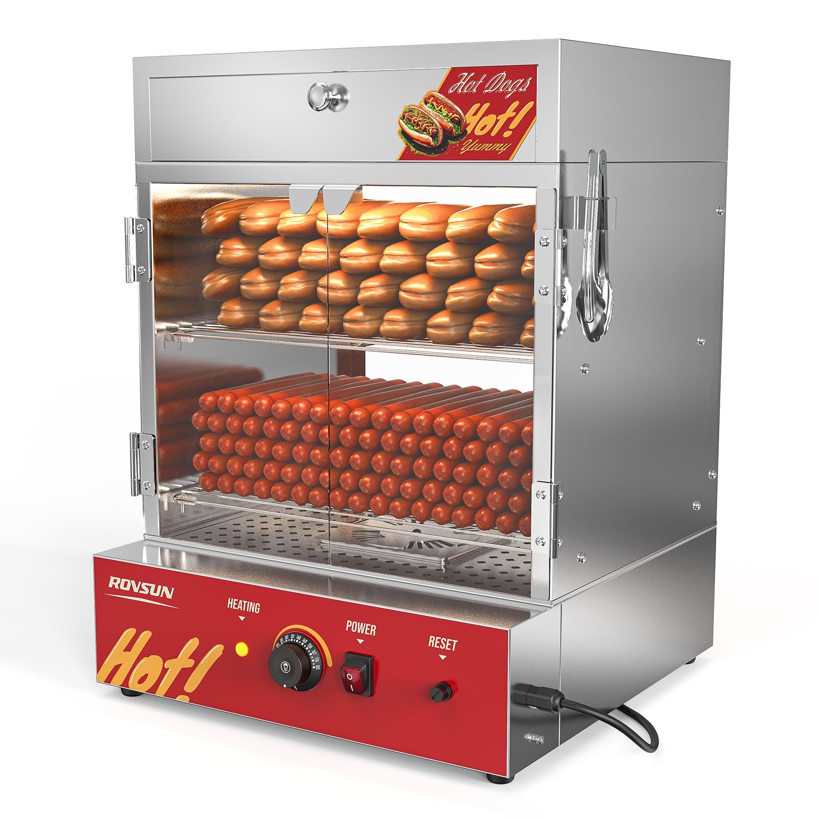 ROVSUN 49QT/46L Commercial Hot Dog Steamer & Bun Warmer - 2-Tier Stainless Steel Food Steamer for 270 Hot Dogs & 58 Buns - Includes Removable Shelves, Drawer & Food Clip - Perfect for Party Events, Concession Stands & Food Trucks