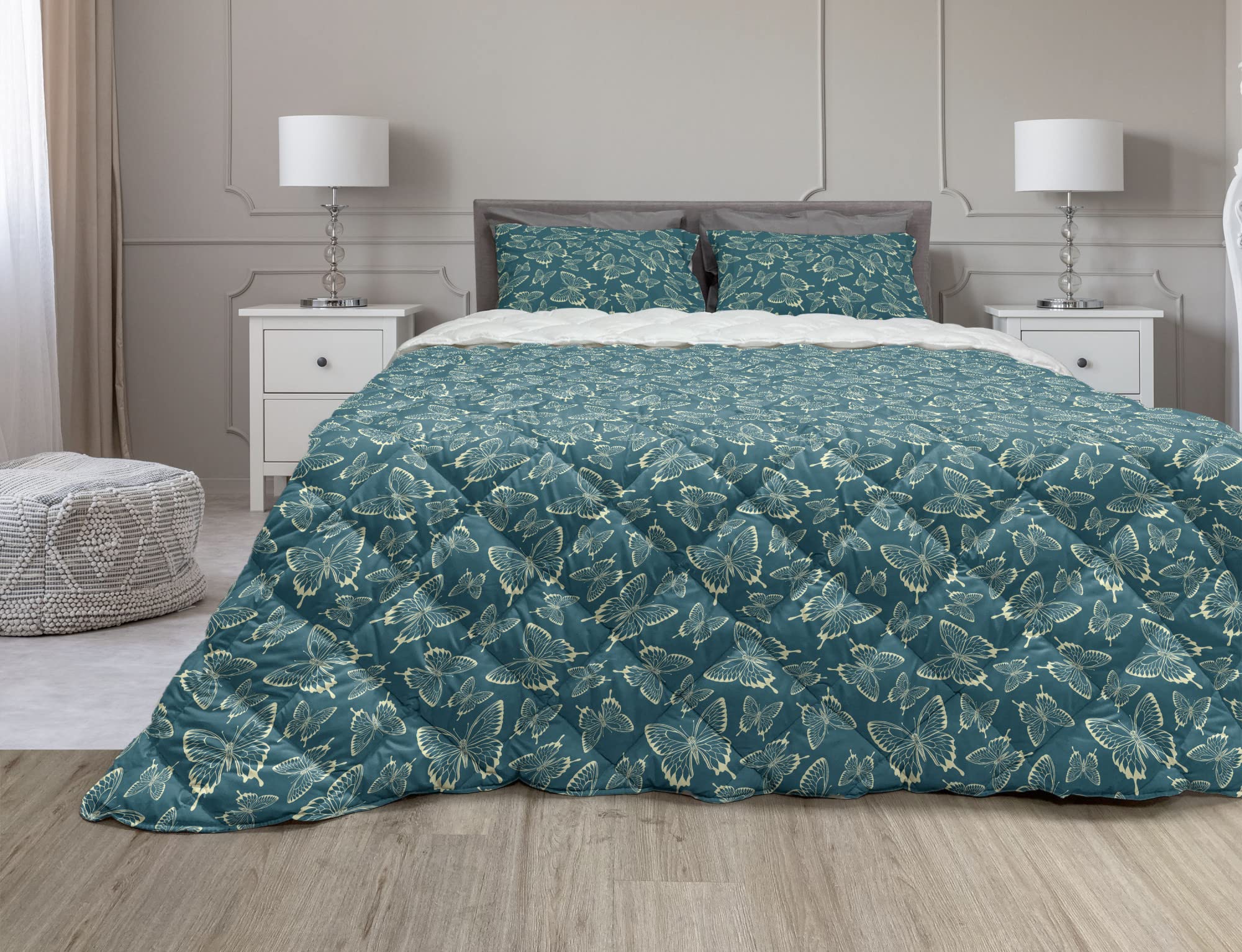 Ambesonne Butterflies Comforter Set - 3 Piece Microfiber Duvet Cover with Tropical Wing Patterns, Full Size in Petrol Blue & Pale Yellow | Soft Bedding for Guest Rooms, Dorm Decor, or Bohemian Style Bedrooms