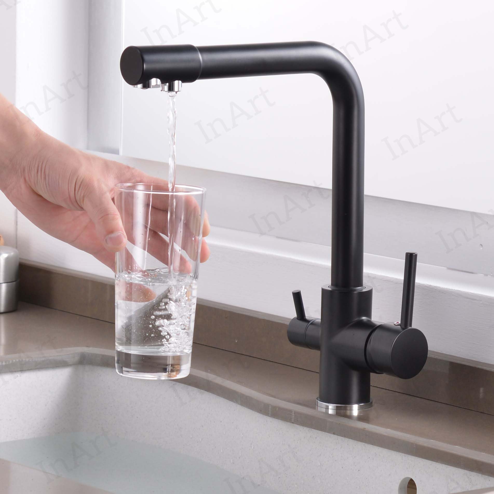 InArt 360° Swivel Kitchen Sink Faucet - Brass Deck Mounted Black with 3-Way Water Filter & Dual Lever Handle - Perfect for Modern Home Kitchen, Restaurant, and RV Use