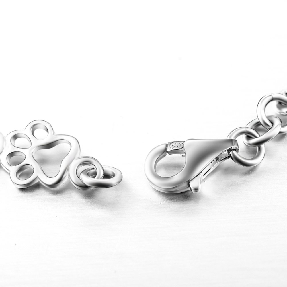 LUHE 925 Sterling Silver Paw Print Bracelet for Women - Cute Dog Cat Bone Charm Bracelet for Girls, 7.5
