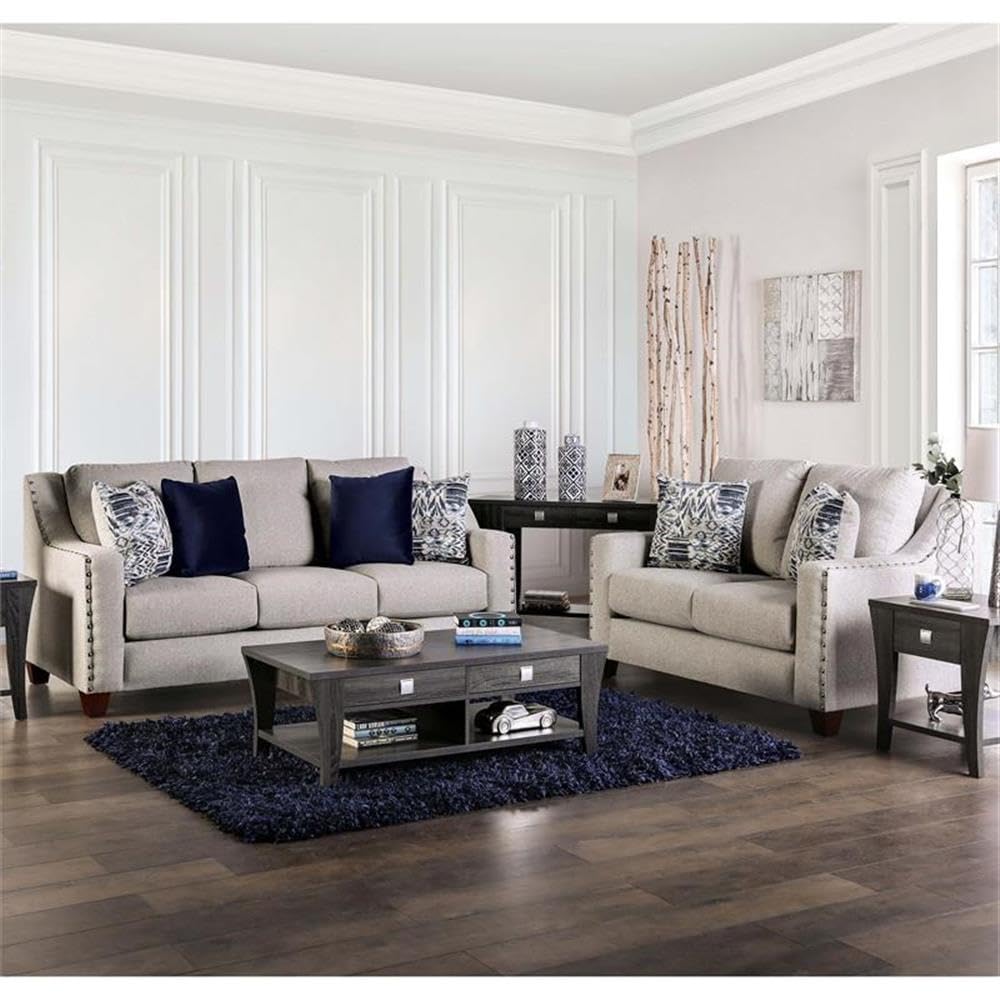 Furniture of America Brill Transitional Fabric Nailhead Sofa - Light Gray Modern Living Room Couch for Home & Office Decor