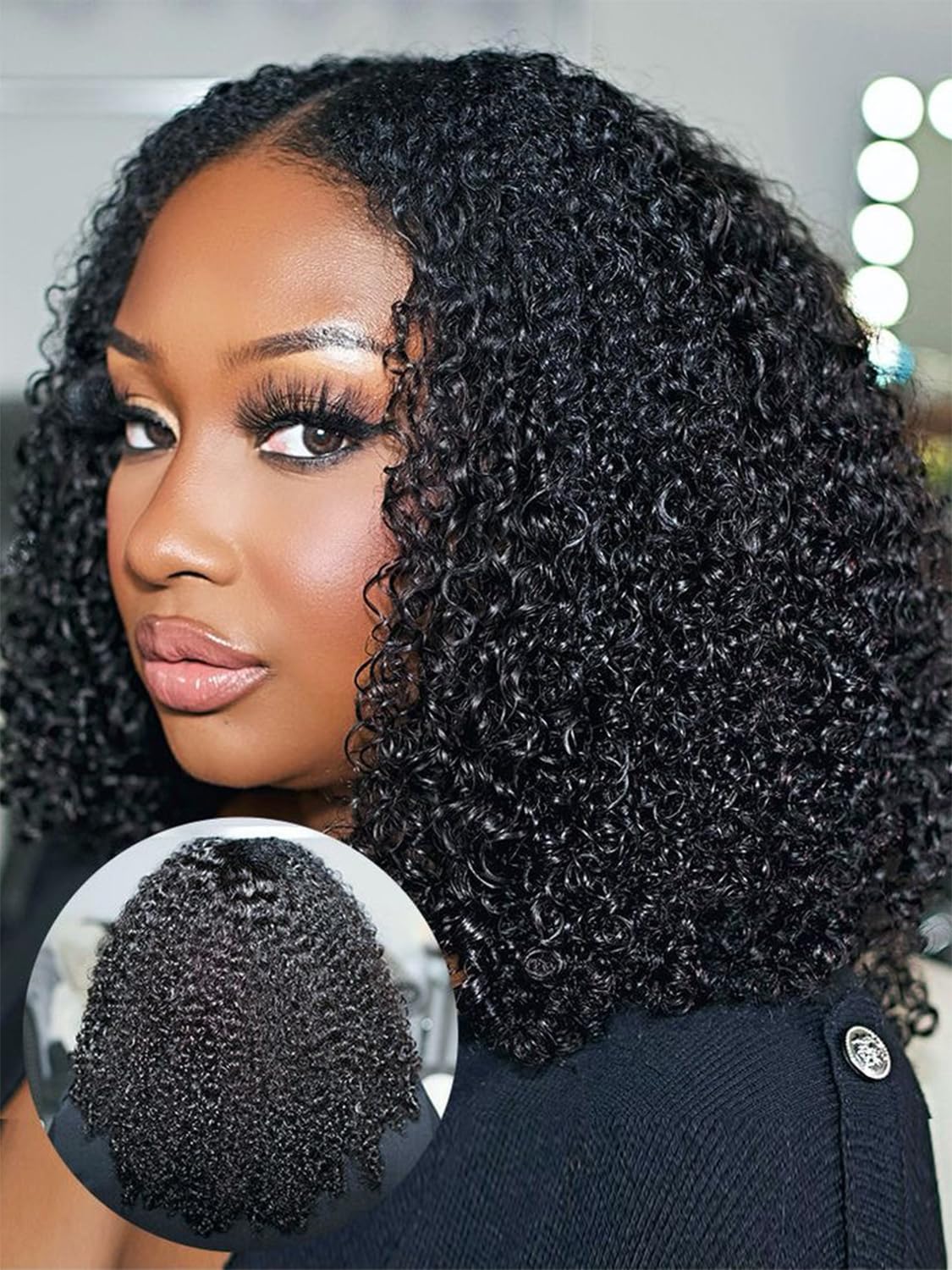 ISEE V Part Human Hair Afro Curly Glueless Clip-In Half Wig for Black Women - 180% Density Kinky Curly Thin Part U Part Wig 16 Inch Natural Color | Perfect for Daily Wear, Special Occasions & Protective Styling