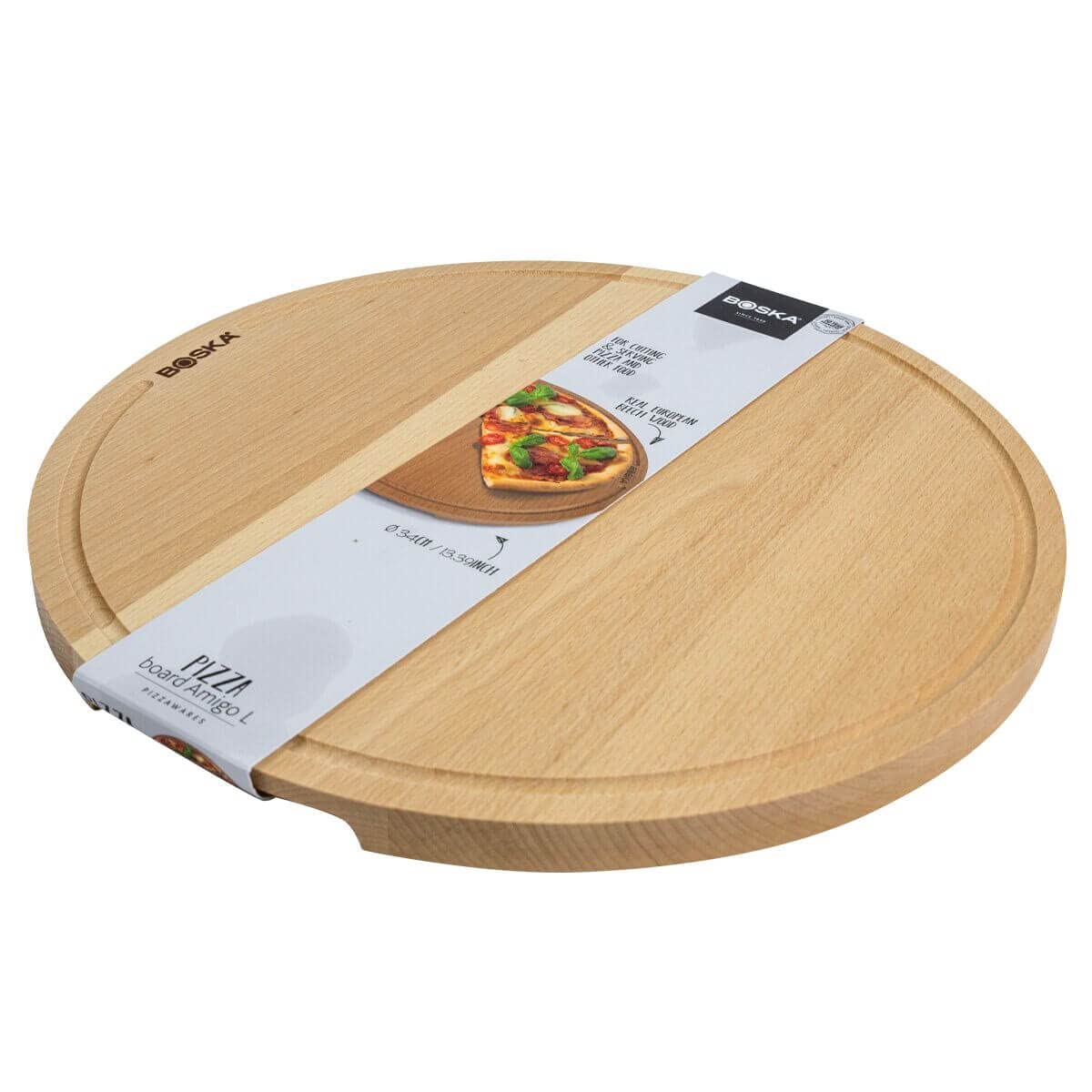 Boska Wooden Pizza Serving Board - Amigo Beechwood Serving Tray for Pizza, Cheese, Tapas & Charcuterie - Multipurpose Cutting Board for Entertaining - Dishwasher Safe - Perfect for Parties, Picnics & Family Gatherings