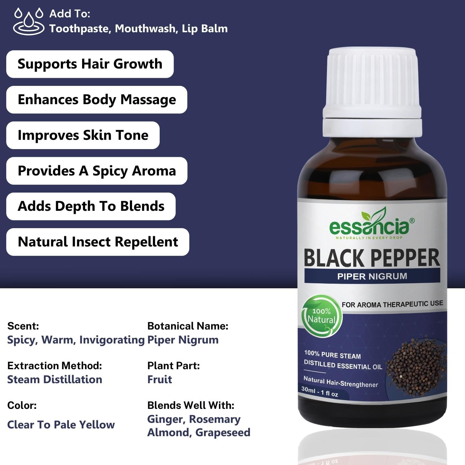 **Essencia 100% Pure Black Pepper Essential Oil - Natural Undiluted Therapeutic Grade for Aromatherapy, Energy Boost & Massage (30ml) - Perfect for Diffusers, DIY Skincare & Relaxation**