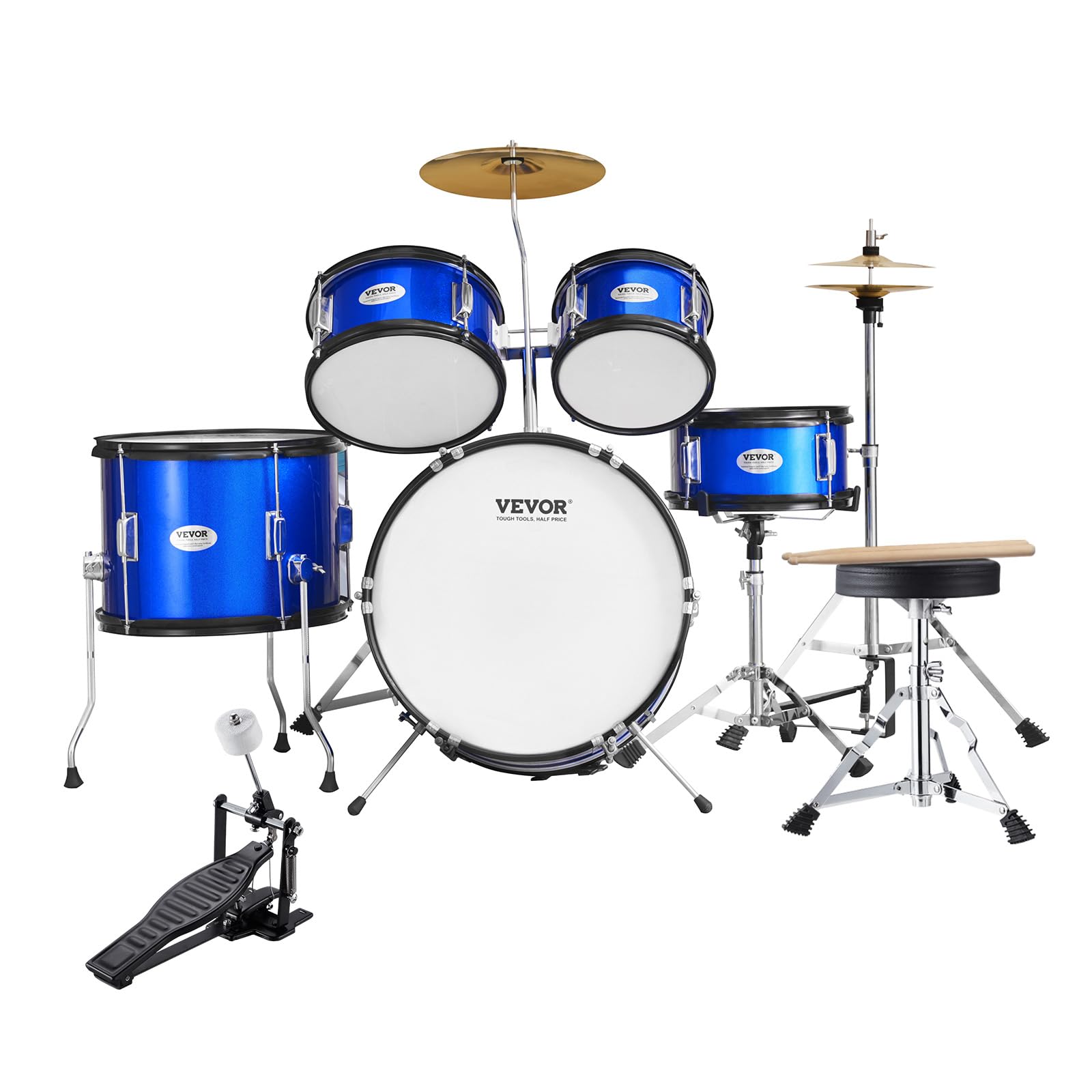 VEVOR 5-Piece Kids Drum Set with Adjustable Throne, Sticks, Cymbal & Pedal - 16