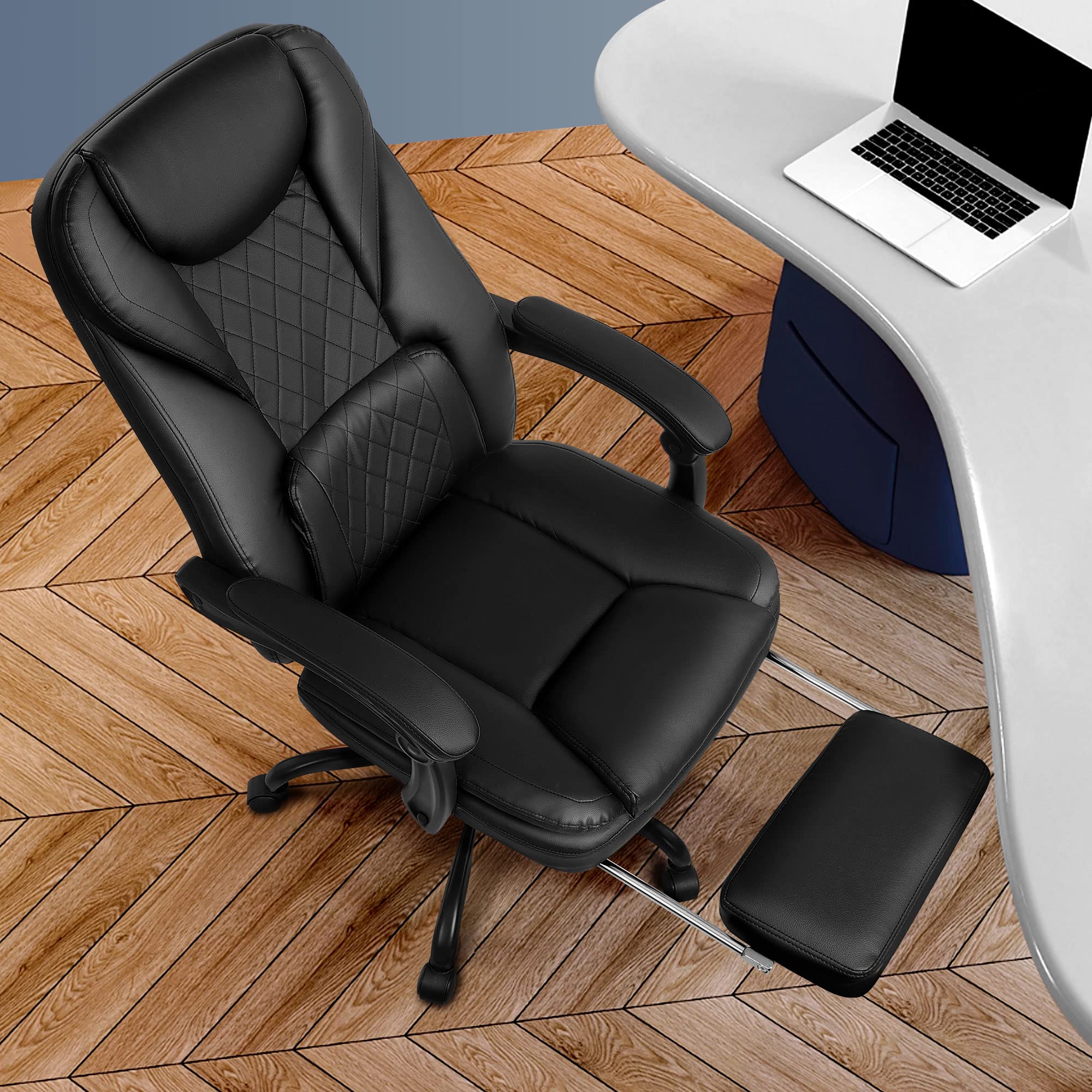 Premium Big and Tall Executive Office Chair with Adjustable Footrest & Reclining Function - High Back Ergonomic Leather Desk Chair for Home Office (Black) - Perfect for Long Work Hours, Video Conferences & Relaxation Breaks