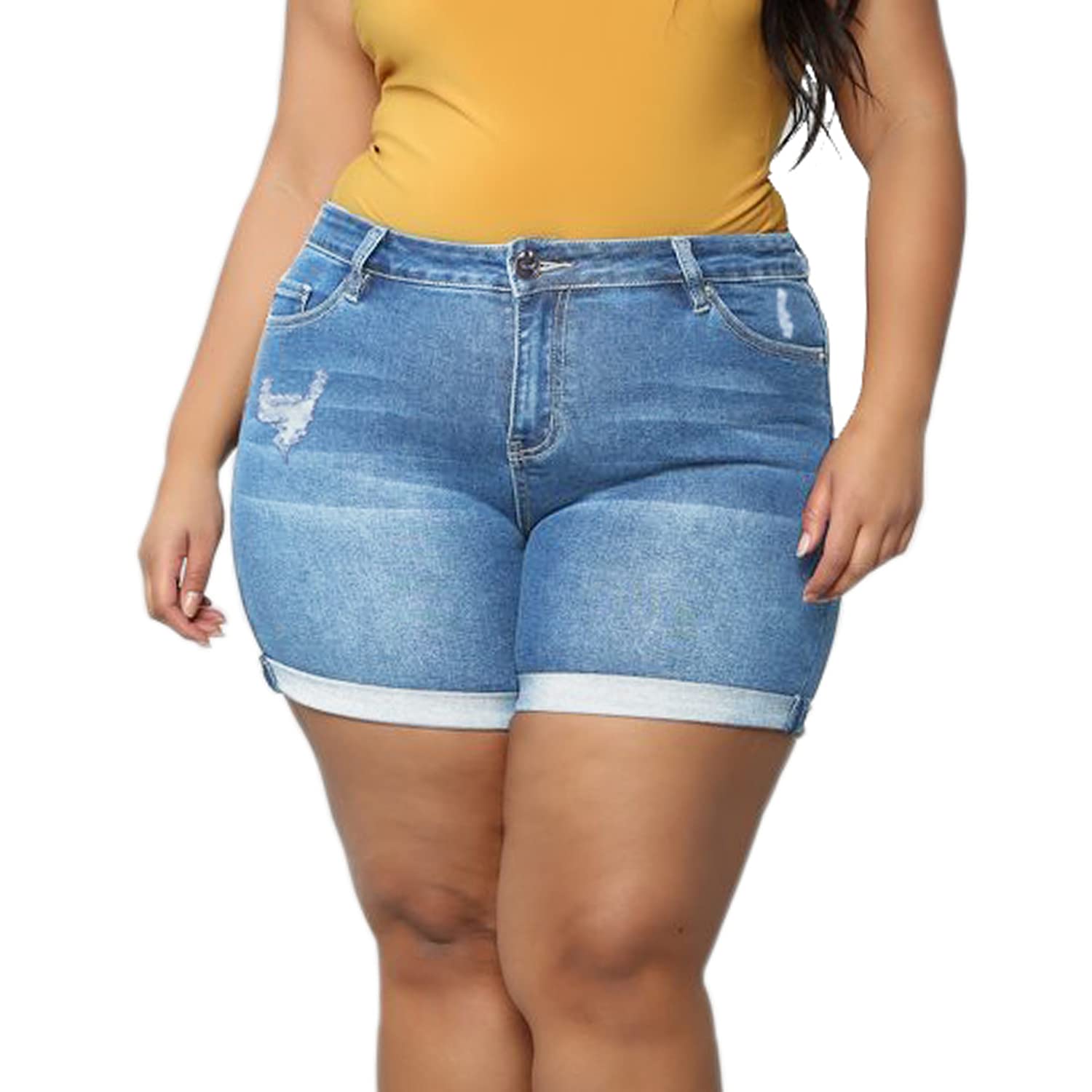 Plus Size Women's Ripped Denim Jean Shorts - High Waisted Stretchy Folded Hem Denim Shorts for Casual Wear & Summer Outfits